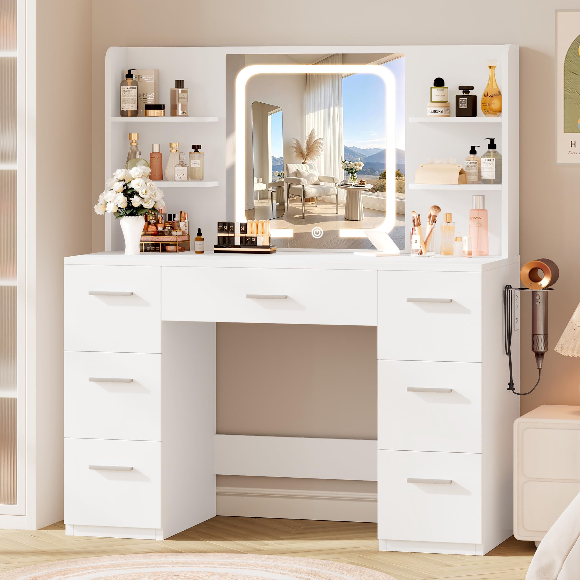 Large Makeup Vanity Desk 43 3 W x 15 7 D x 53 2 H White Large Desktop