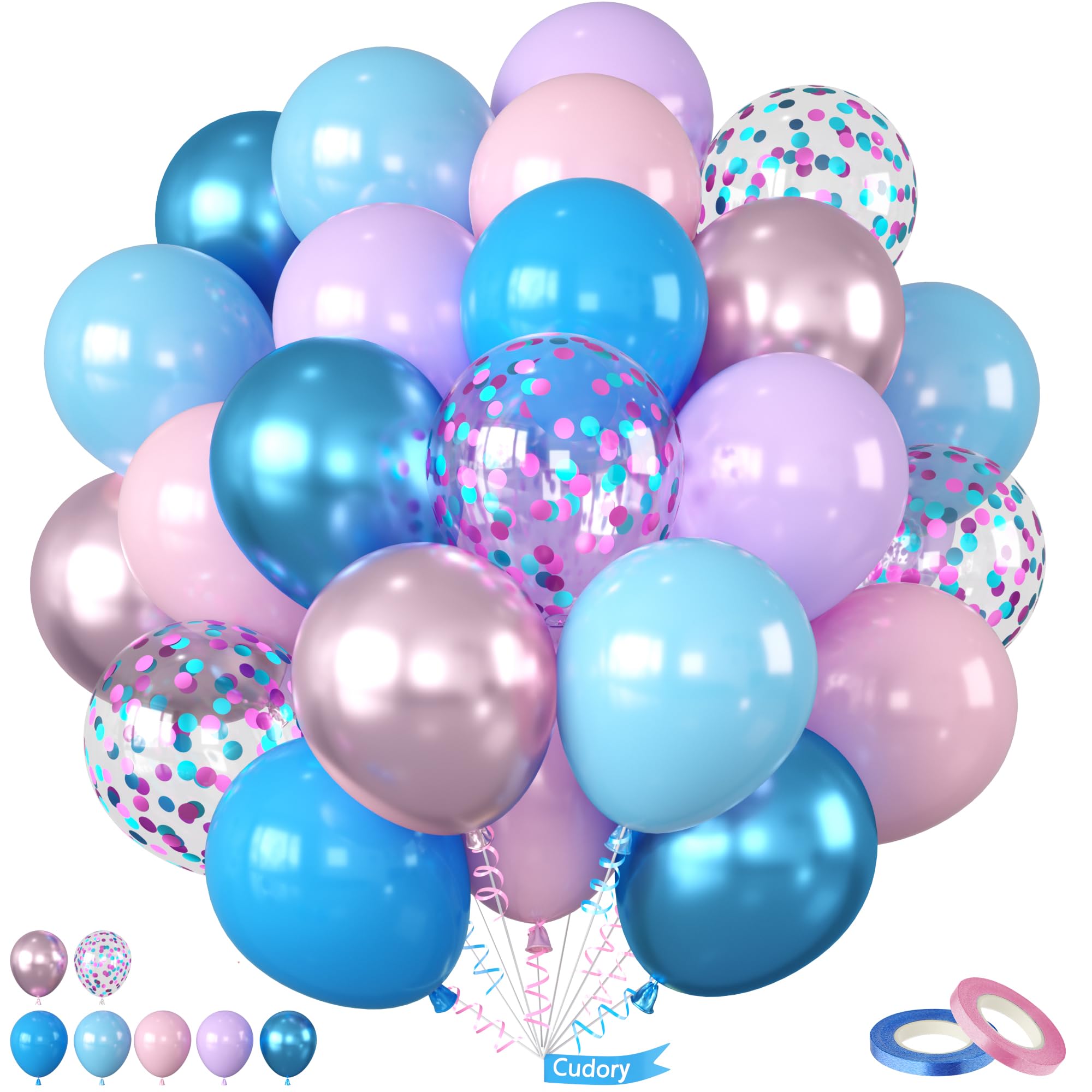 Pink Blue Purple Balloons, 12 Inch Metallic Blue Pink Balloons, Pastel Purple Confetti Balloon for Kids Boys Girls Birthday Gender Reveal Baby Shower