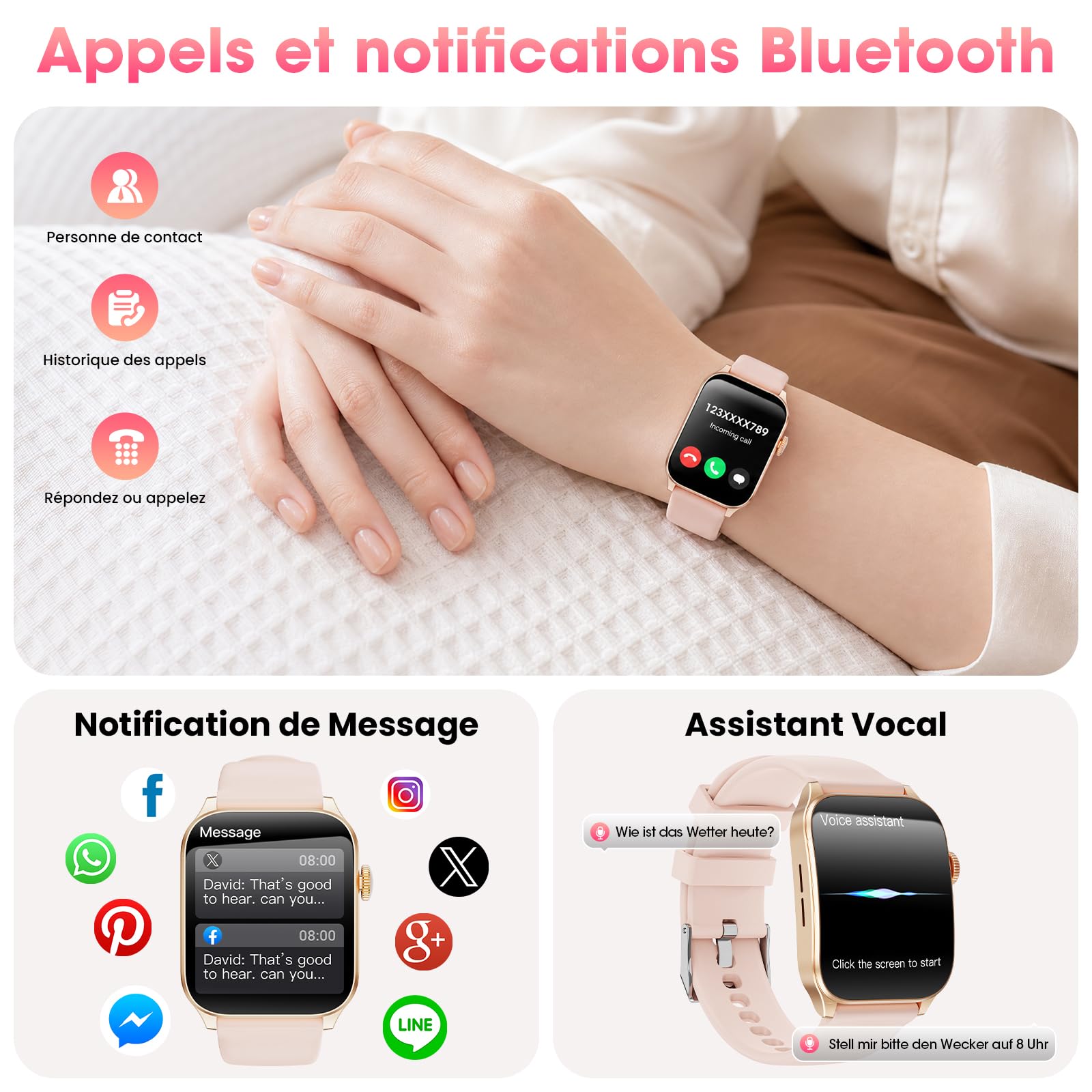 Montre Connectée Femme, 7 Bracelets Cadeau, 1,91" Écran incurvé Smartwatch | Appels Bluetooth, Assistant vocal, 100＋Modes Sportifs, Suivi Fréquence Cardiaque/Sommeil/SpO2, Etanche IP67 pour Android iOS