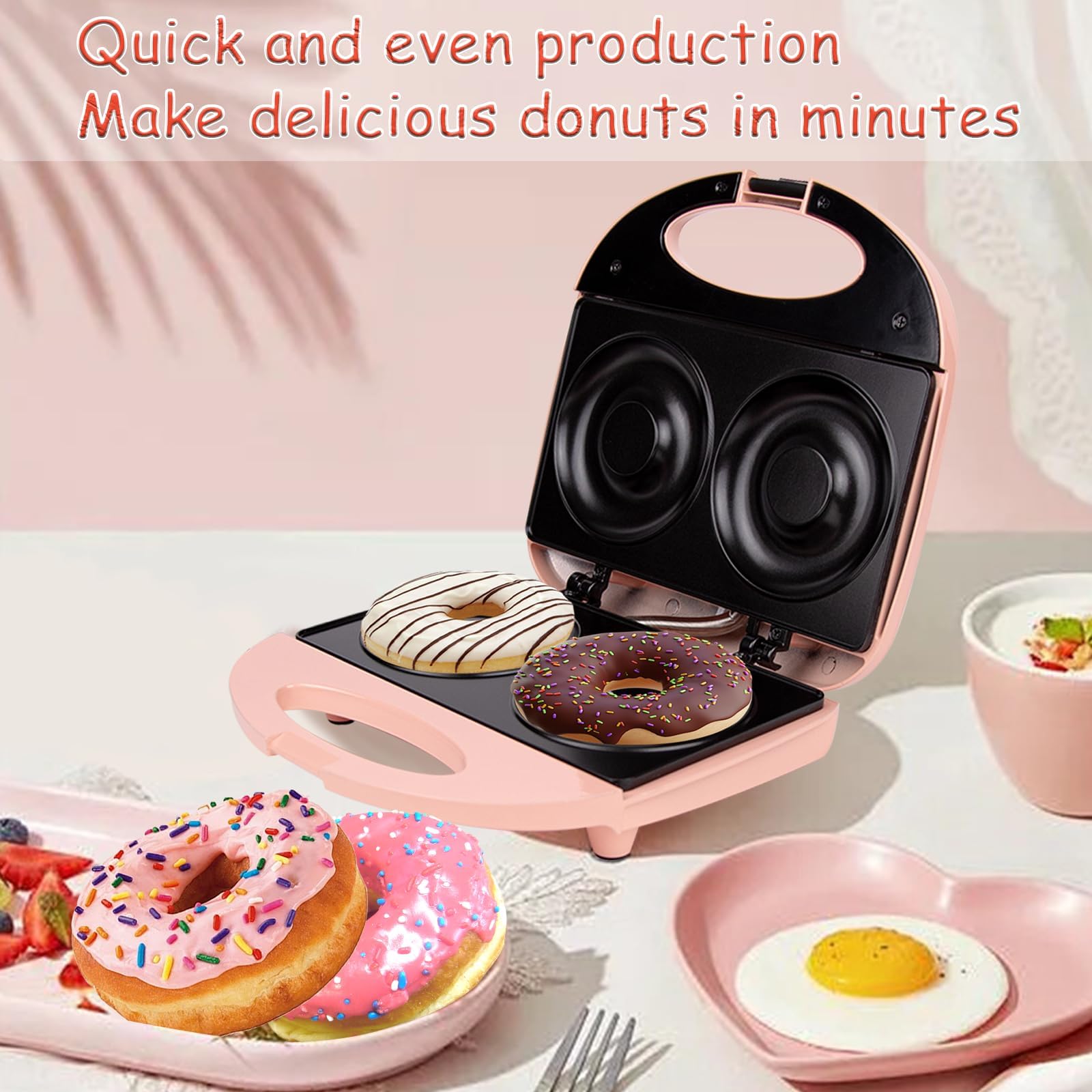 Mini Donut Maker Machine - Makes 2 Large 4-Inch Donuts, Non-Stick, Double-Sided Heating, Easy To Clean (Pink)