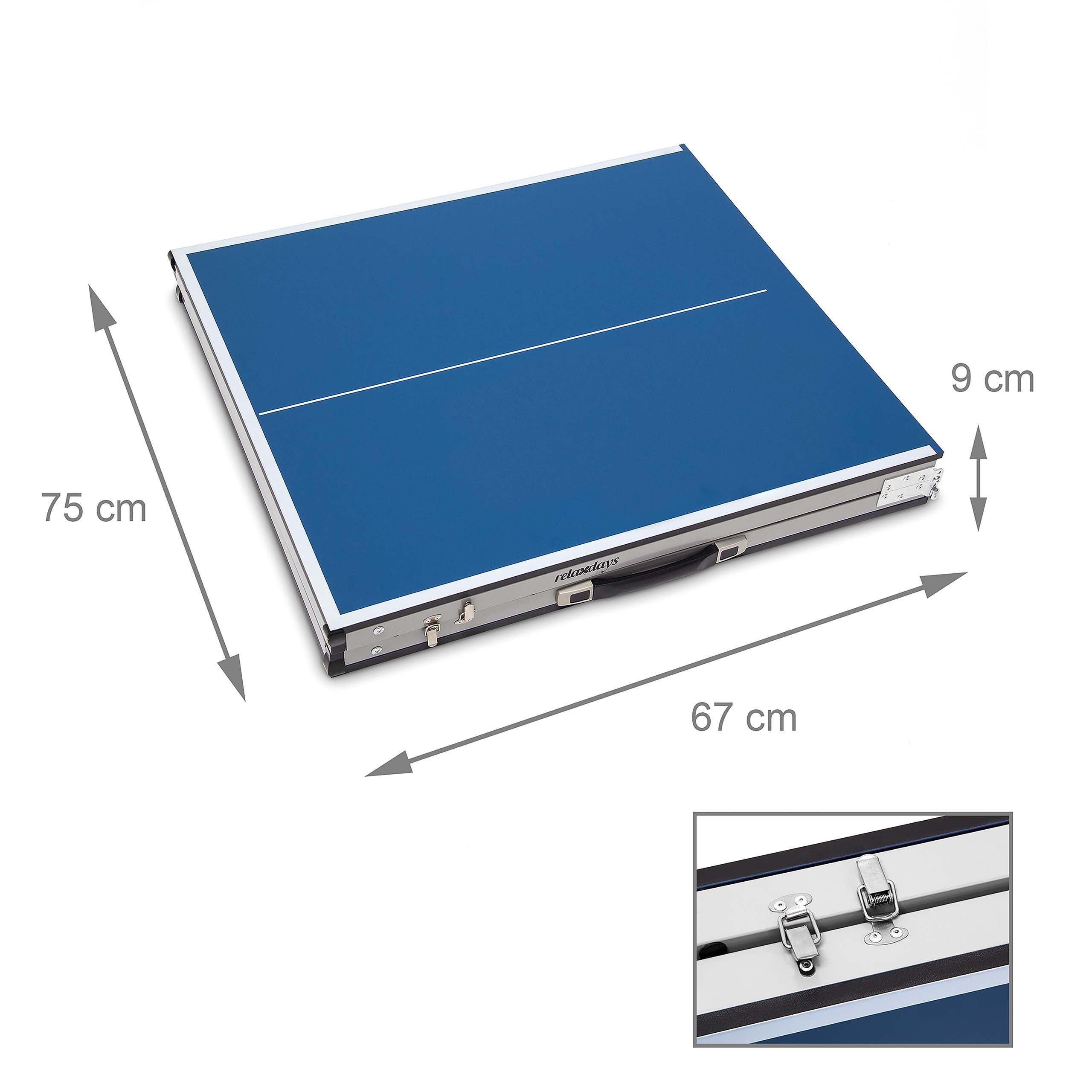 Relaxdays Klappbare Tischtennisplatte, HBT: 71 x 150 x 67 cm, tragbarer Ping Pong Tisch, Netz, Bälle, Schläger, blau