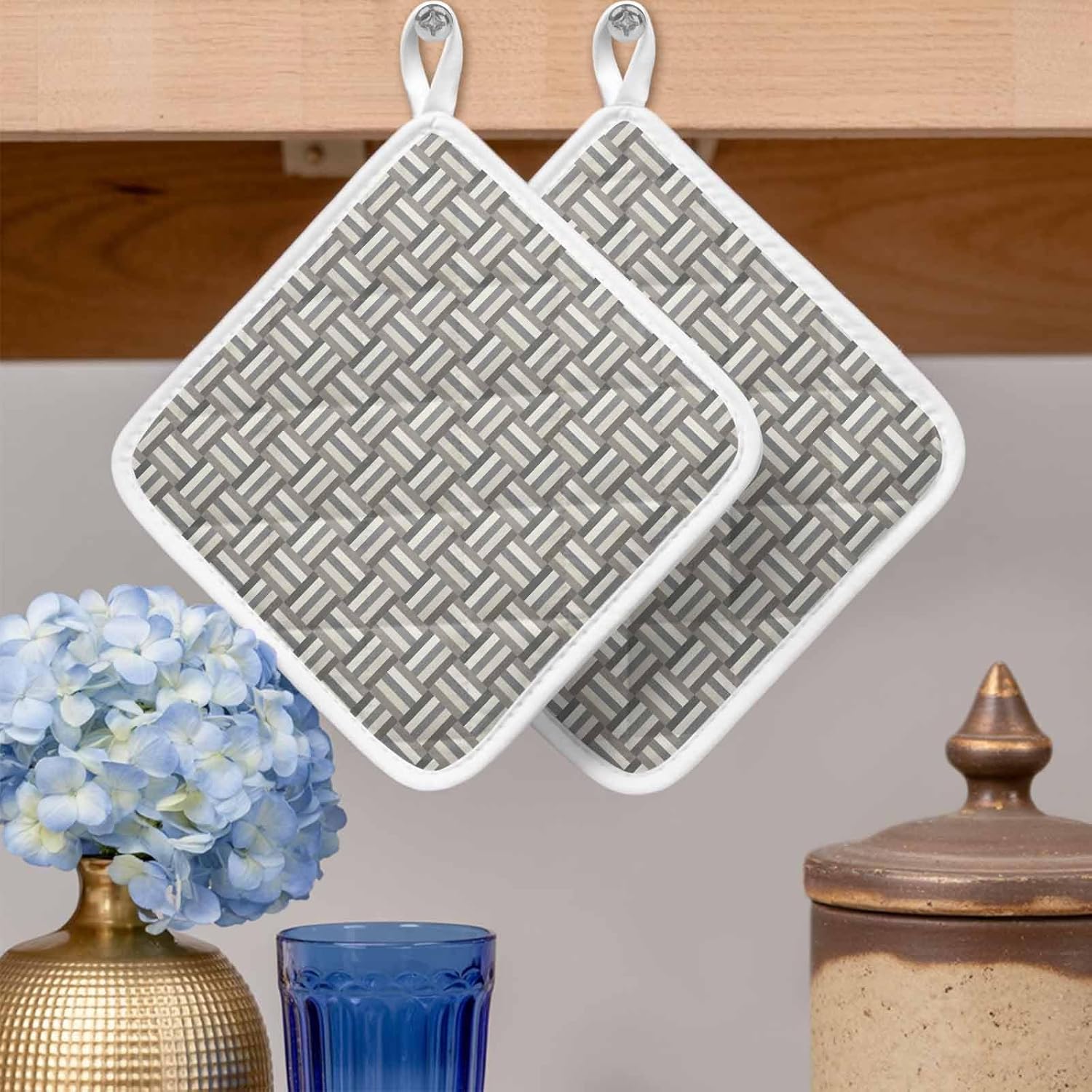 Vintage Lines Texture Pot Holders for Kitchen Heatproof Potholder, 5 Pack Minimalist Geometric Stripes Art Gray Hot Pads Multipurpose Oven Pads Cloth Potholders Trivet for Cooking Baking