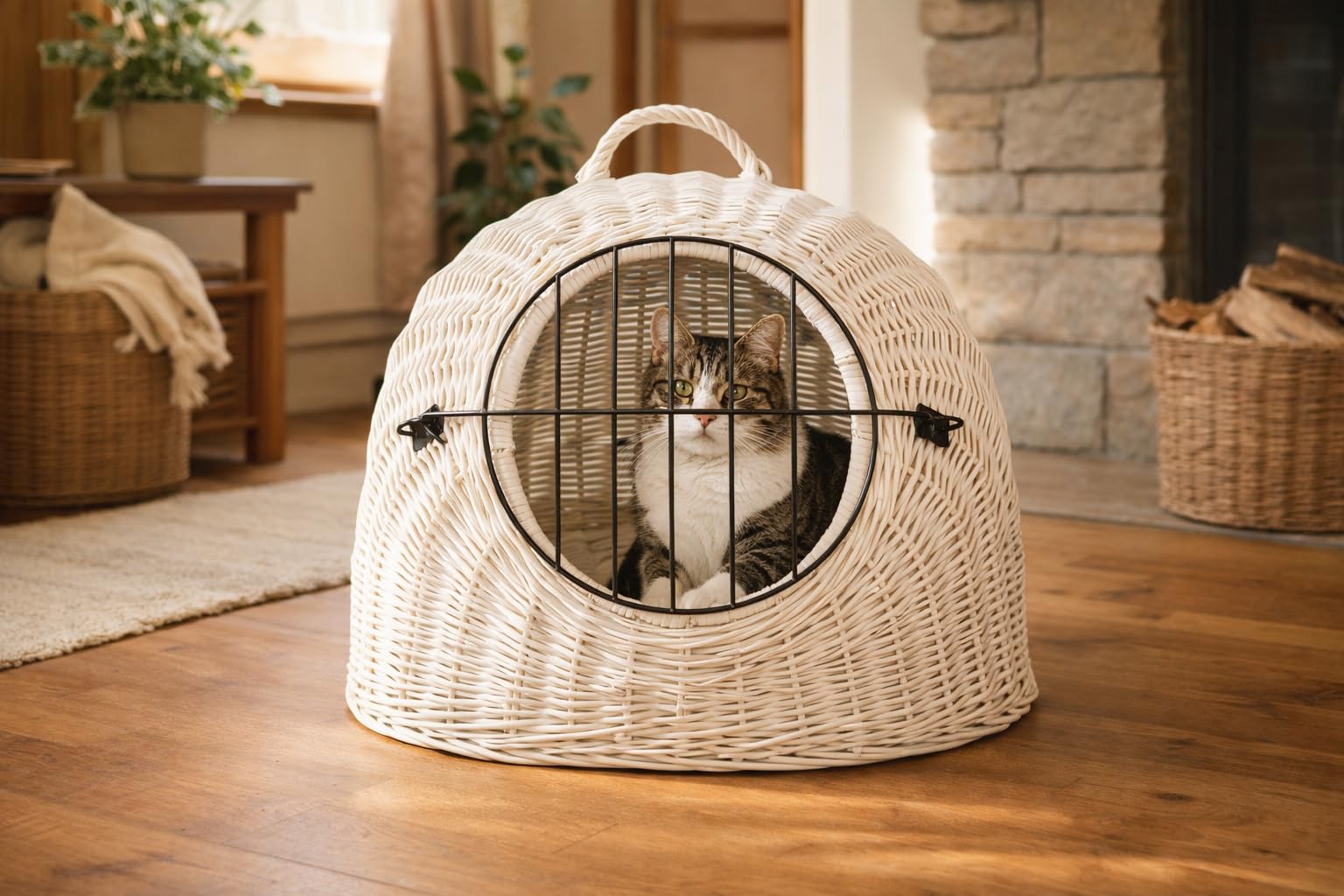 Weidenkorb Korbhöhle mit Gitter und Tragegriff – Abmessungen 50x40x45 cm – Transporthöhle – Weiße Farbe – Hersteller – Transporter ohne Kissen
