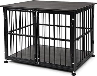 32 Inch Dog Crate Furniture, Heavy Duty Dog Kennel with Side Door, Decorative Pet House End Table, Wooden Cage Kennel Furniture Indoor, Grey