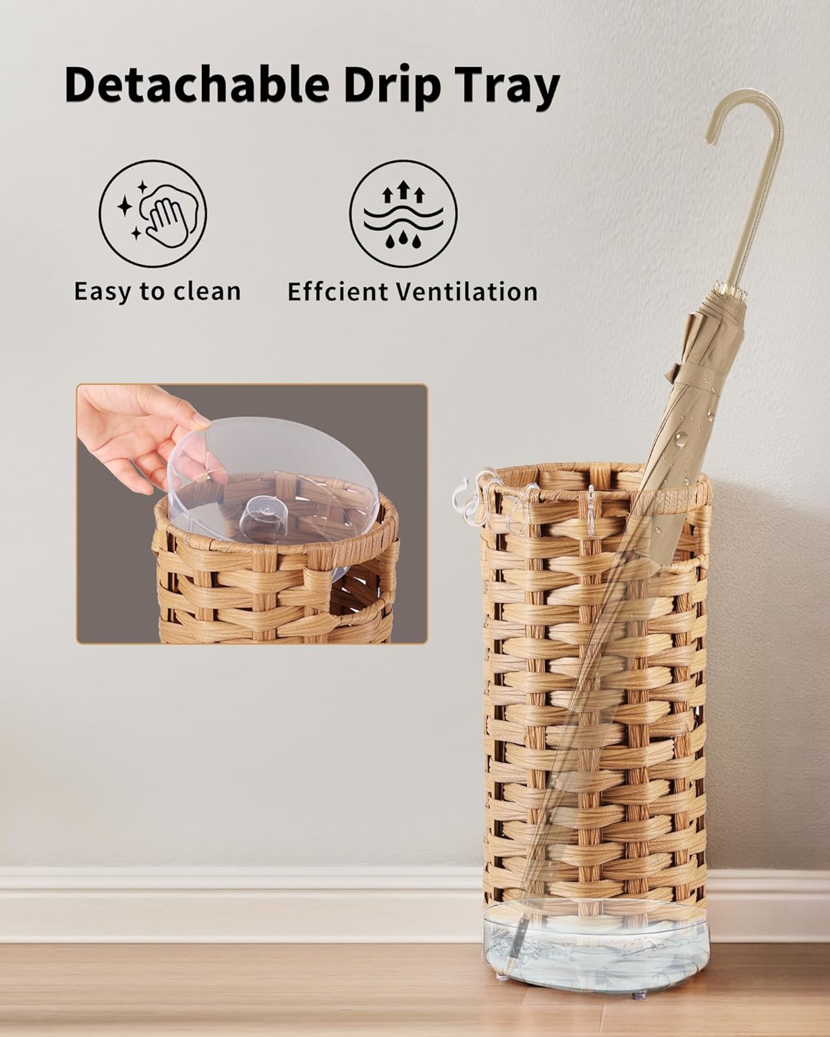 Rattan Umbrella Stand, Umbrella Holder for Entryway, Hand Woven Umbrella Rack Organizer Freestanding, with a Detachable Drip Tray, 4 Hooks, 7.5" L x 7.5" W x 16.5" H