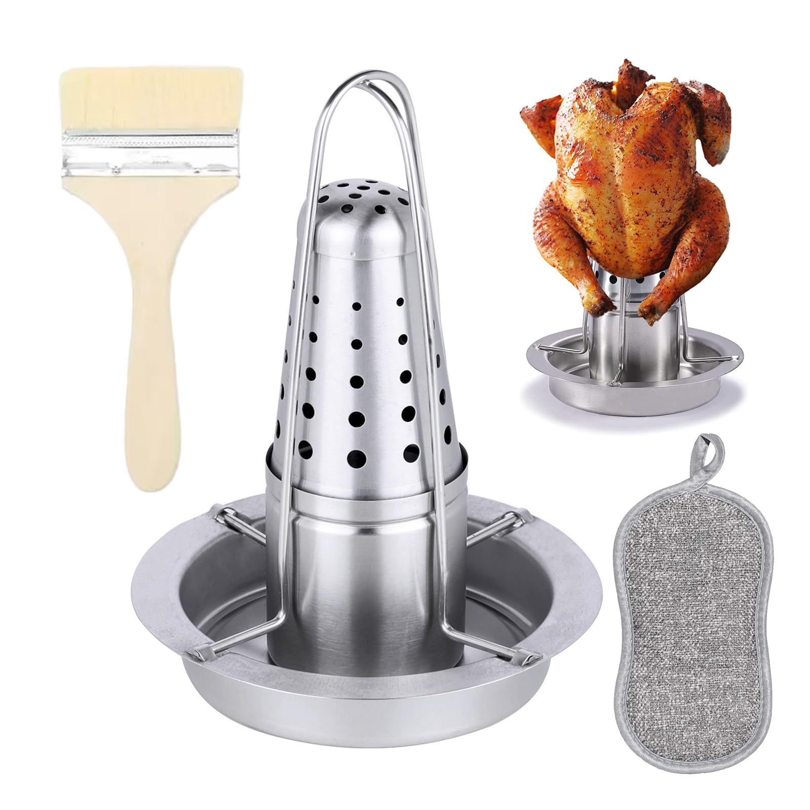 Rôtissoire à Poulet Barbecue en Acier Inoxydable, Support à Poulet pour Canette de Bière, Grille Poulet Vertical, Support à Volaille en Fonte Démontable, Récipient Aromatique Amovible, Bac d'Égouttag