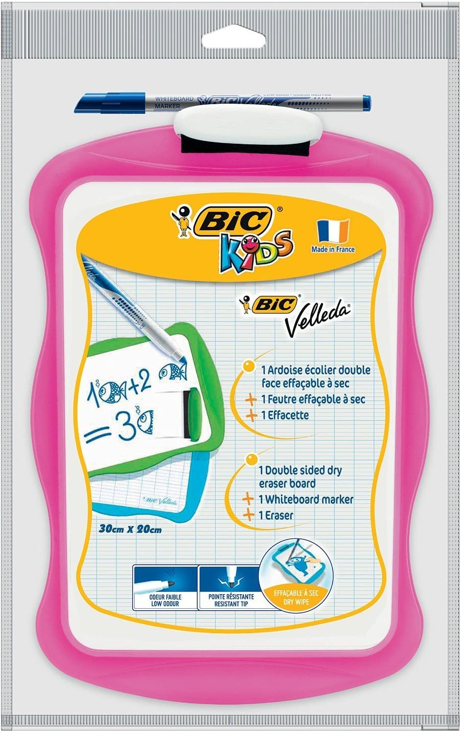 BIC Lot de 12 Ardoises Ergo effaçable 20 x 31 cm Double face Unie/​Séyes + feutre + Brosse
