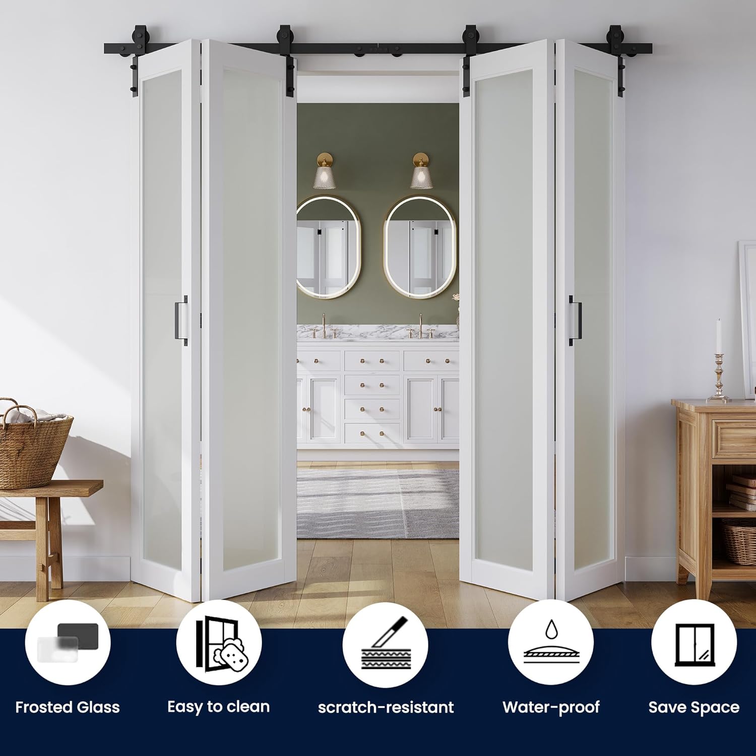 80" x 84" Bifold Sliding Barn Door, 1 Lites Tempered Frosted Glass Panel with Sliding Hardware Kit Set, Pre-drilled Closet Door Slab, 7.33FT Track for 4 Doors, MDF, White