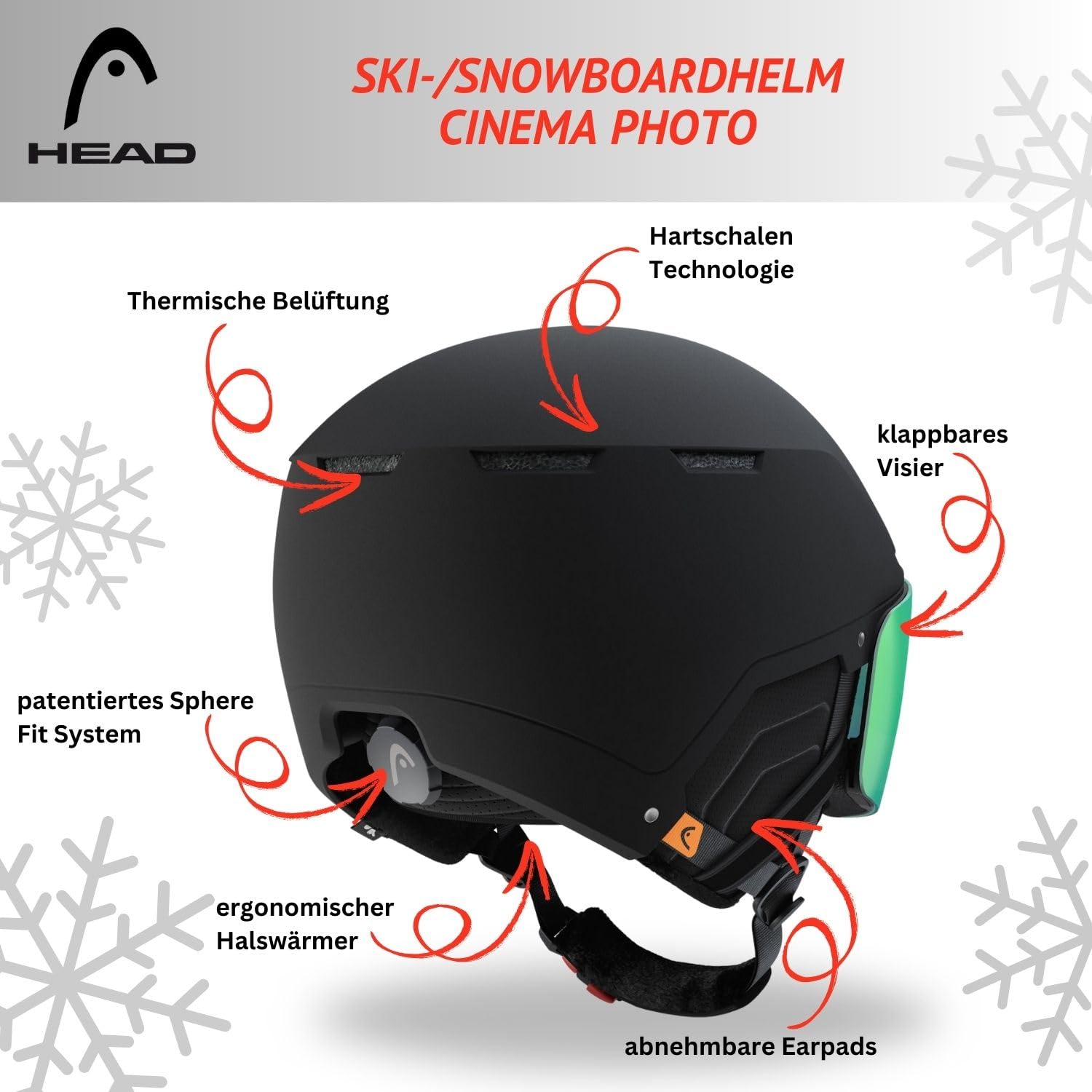 Skihelm Snowboardhelm Ski Snowboard Helm mit Visier - Head Cinema Photo - schwarz - Viesierhelm - mit optimiertem Belüftungssystem - Hartschalen Helm Skifahren Snowboarden