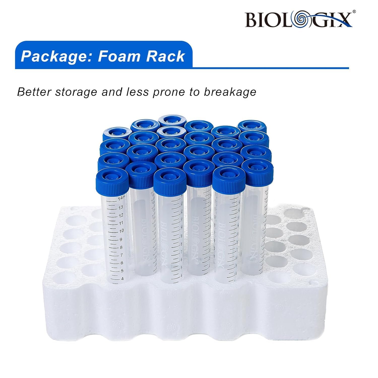 Biologix 15ml Polypropylene Conical Centrifuge Tubes, Tubes with Plug Seal Screw Caps, Plastic Container with Graduated & Write Area, Rack Package, Non-Pyrogenic, DNase/RNase Free, 50 /Rack