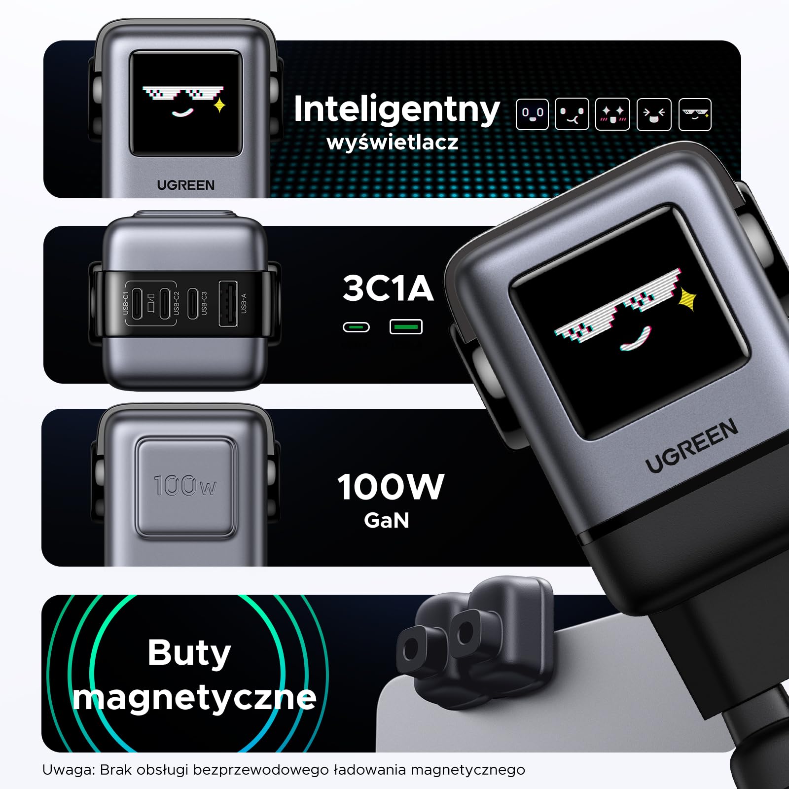 UGREEN UNO USB-C Ładowarka 100W z 4 portami, Robot ładujący, LED Display | ładowarka do laptopa, Stan naładowania za pomocą emoji, kompatybilna z MacBook Pro/Air, iPad, iPhone, Galaxy S26
