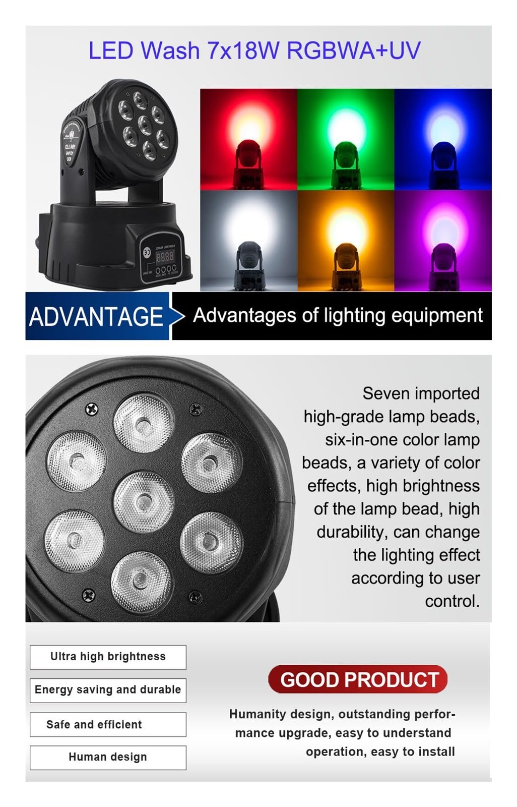 Luce da palco per DJ, 1 pz LED 7x18W Testa mobile Luce RGBWA+UV 6IN1 Effetto palco Luce wash for discoteca DJ Musica Festa Danza Club Uplight per Eventi