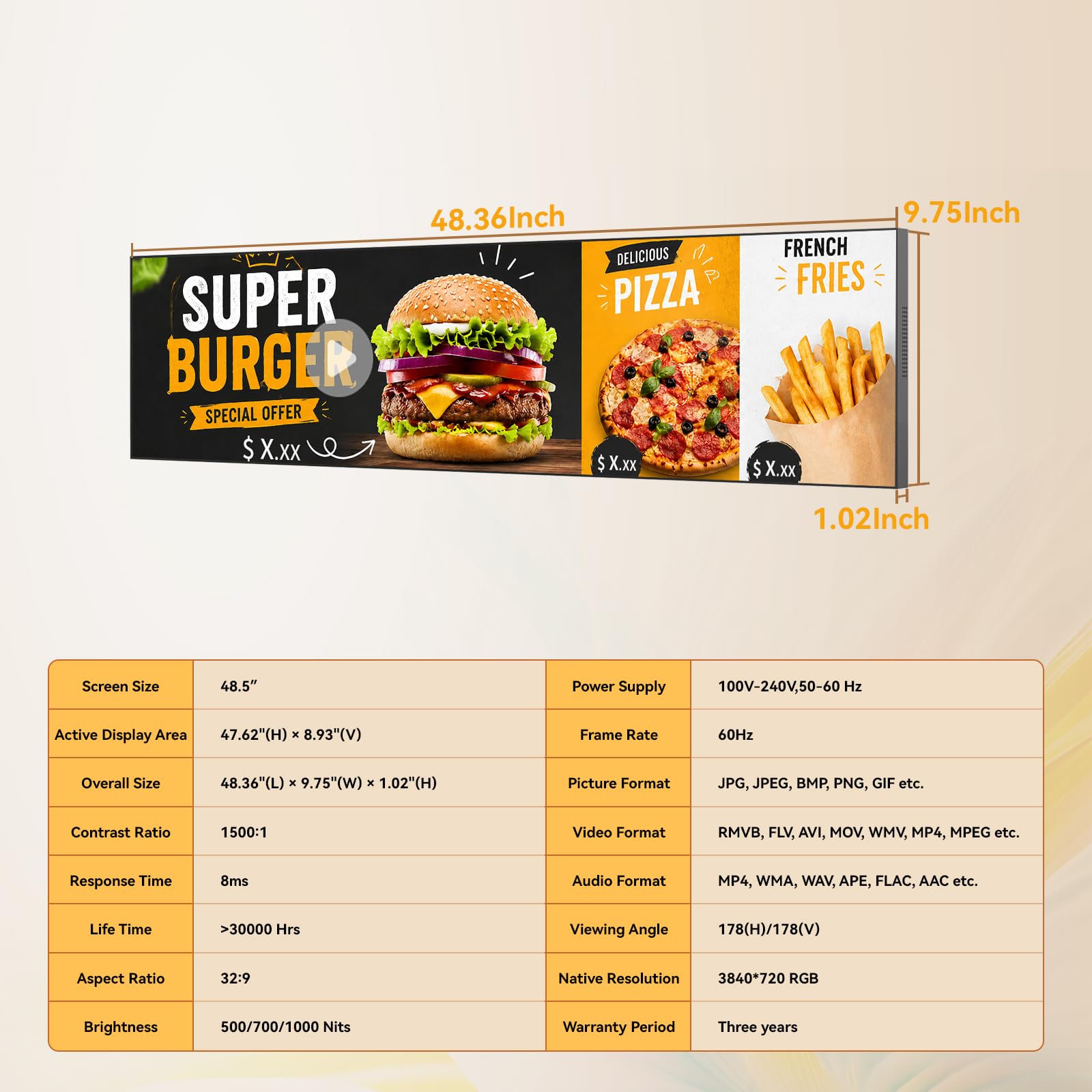 Pantalla Publicitaria Digital 48 Pulgadas, Digital Signage 4K, Monitor Publicitario Estirado de 1000 Nits, Cartelería Digital para Restaurantes, Tiendas y Empresas, HDMI/WiFi, Negro | Android 4 GB + 32 GB con CMS Cloud gratis, USB y HDMI, ideal como table