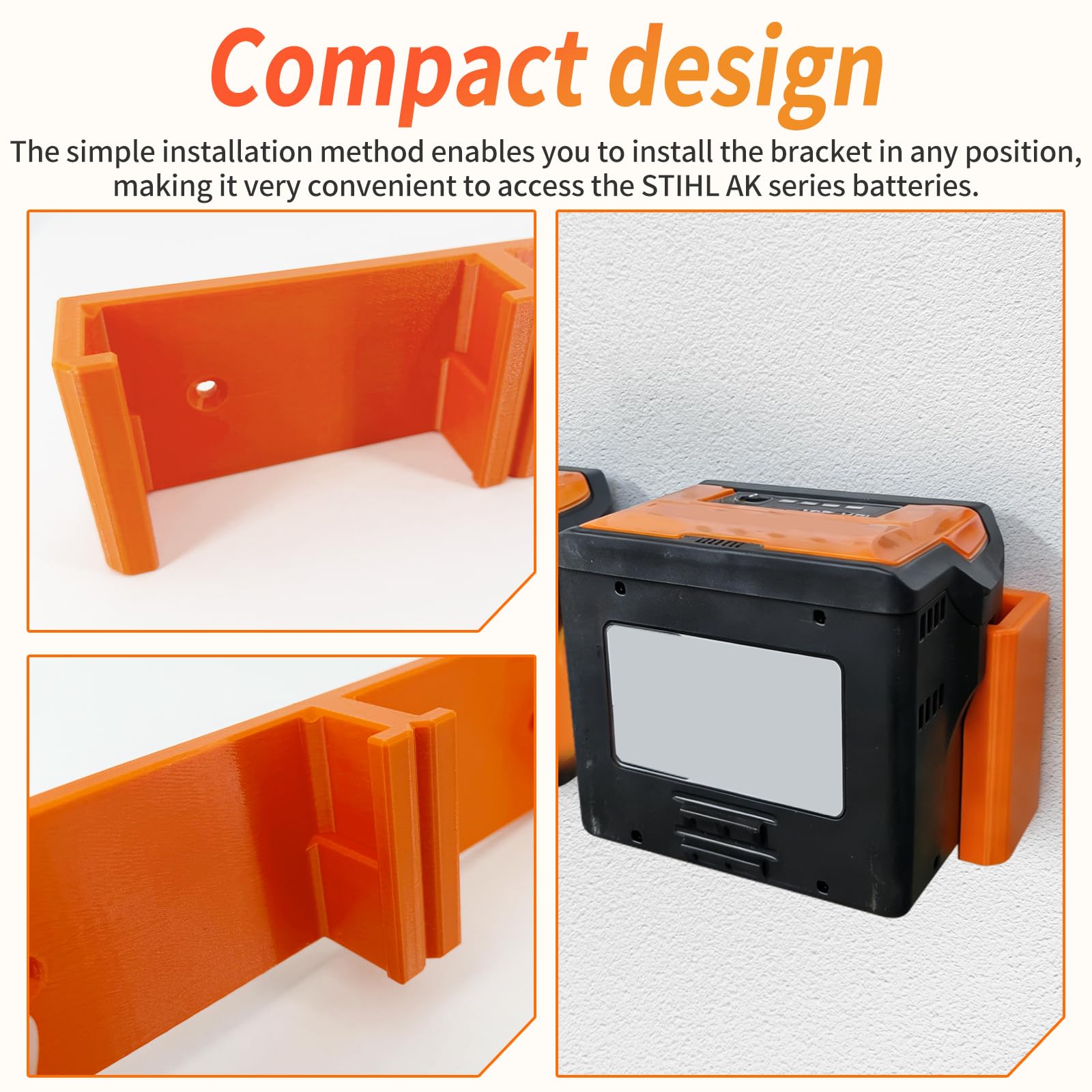 Support mural pour batterie STIHL AK10 AK20 AK30 - Accessoires pour tronçonneuse - Support mural pour 2 batteries - Rangement parallèle - Avec 2 chevilles - Orange
