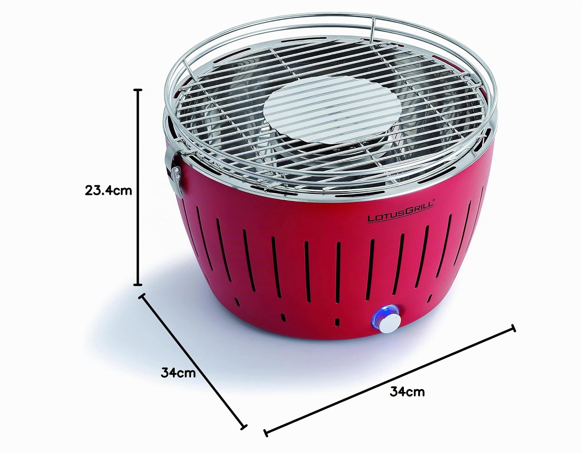LotusGrill Juego de iniciación de barbacoa de carbón 1 barbacoa con conexión USB de color rojo fuego, 1 carbón 2,5kg, 1 líquido combustible de 200 ml, 1 pinza (color según existencias), 1 bolsa