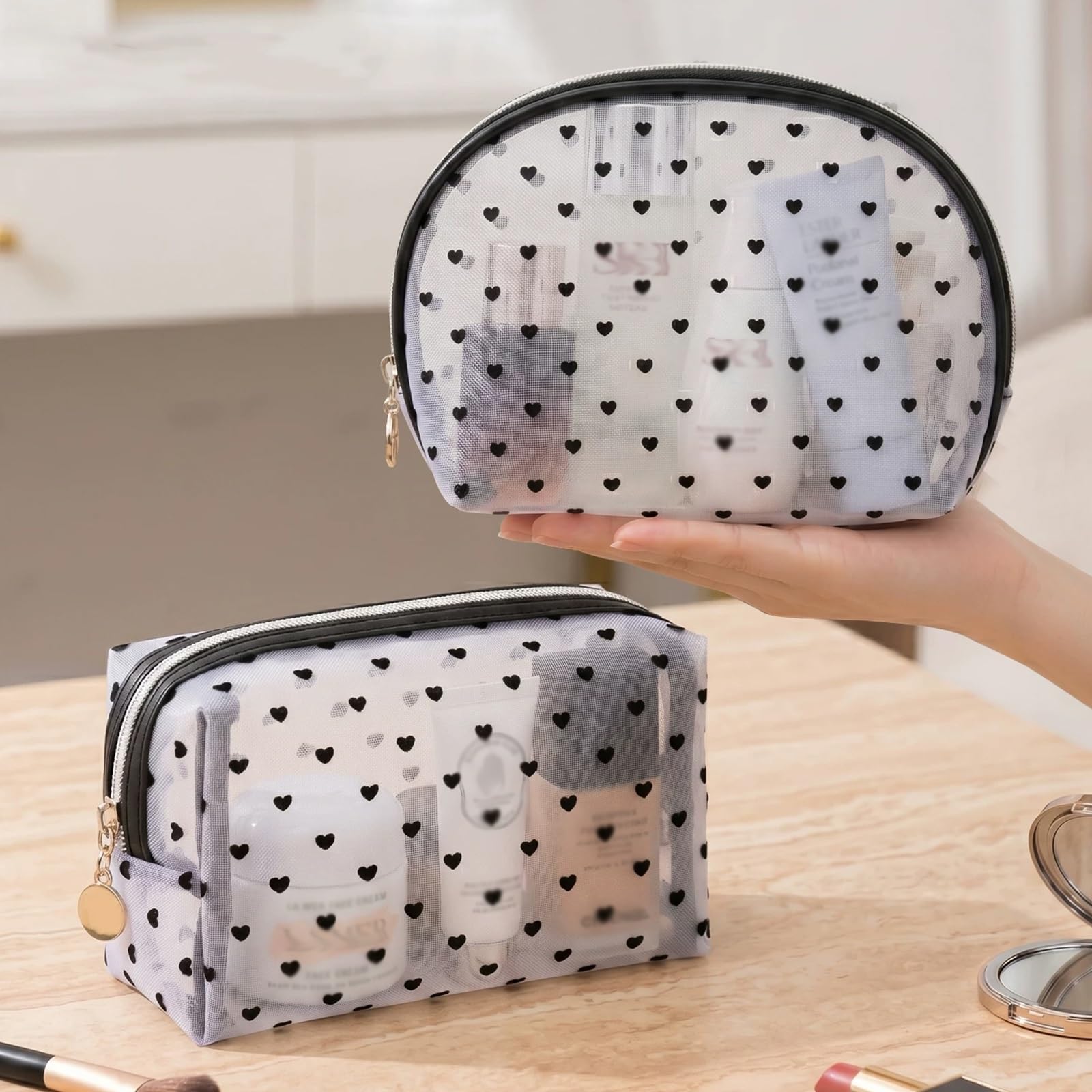Borsa da Viaggio per Cosmetici, Astuccio Toilette da Viaggio, in Rete con Scomparto Interno a Forma di Cuore Floccato, Tessuto Interno Impermeabile, Bellezza Funzionalità Fondono(Black)