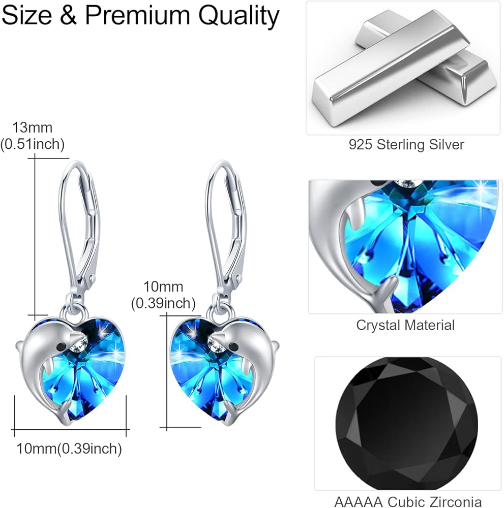 Boucles D'oreilles Dauphin En Argent Sterling 925 - Zircone Cubique Bleue, Plaqué Rhodium, Cadeau Femme/fille