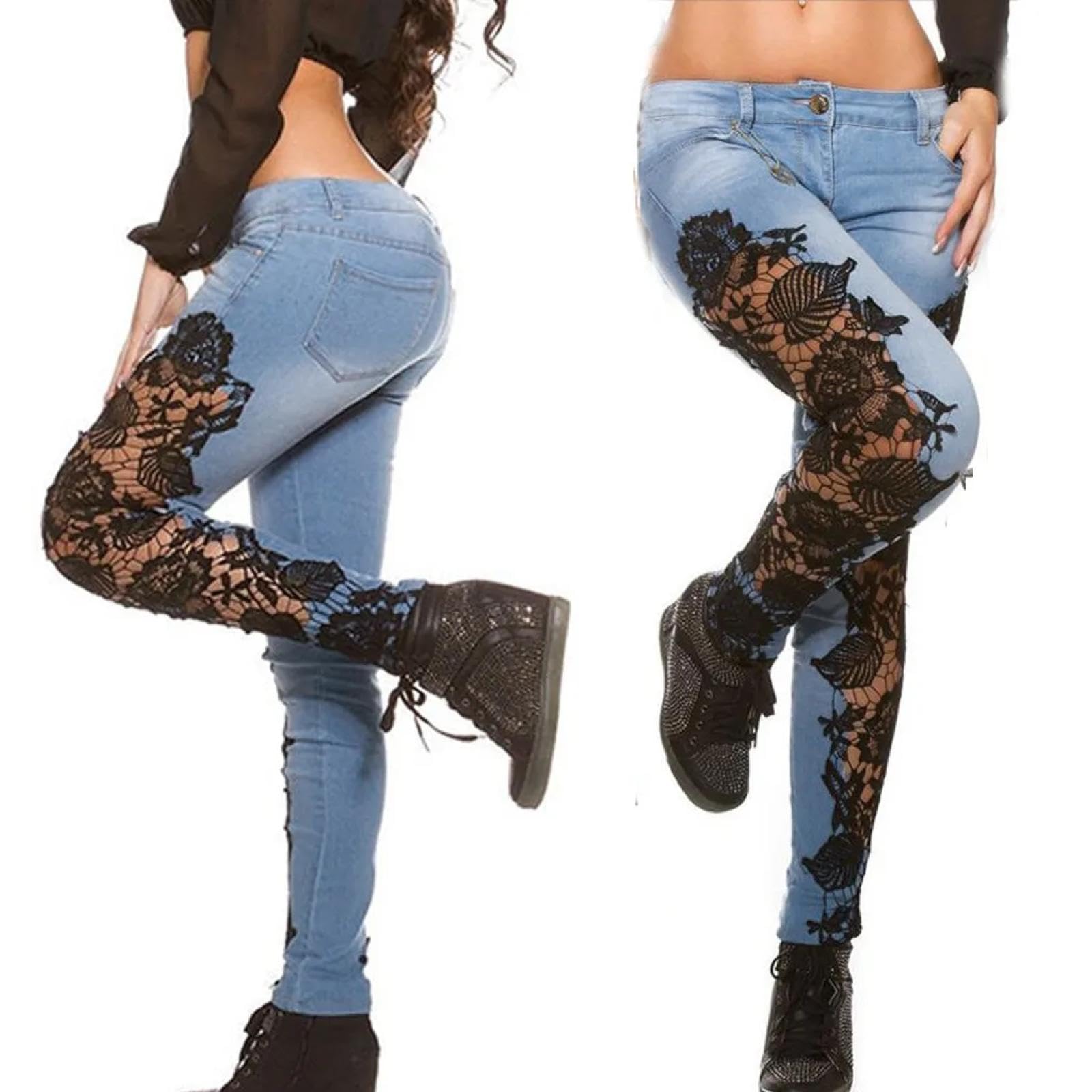 Jeans Pantalon Jeanshosen Denim Damen Jeans Spitze Hohl Aus Applikationen Transport Match Floral Mode Jeans Push Up Leggings Kleidung