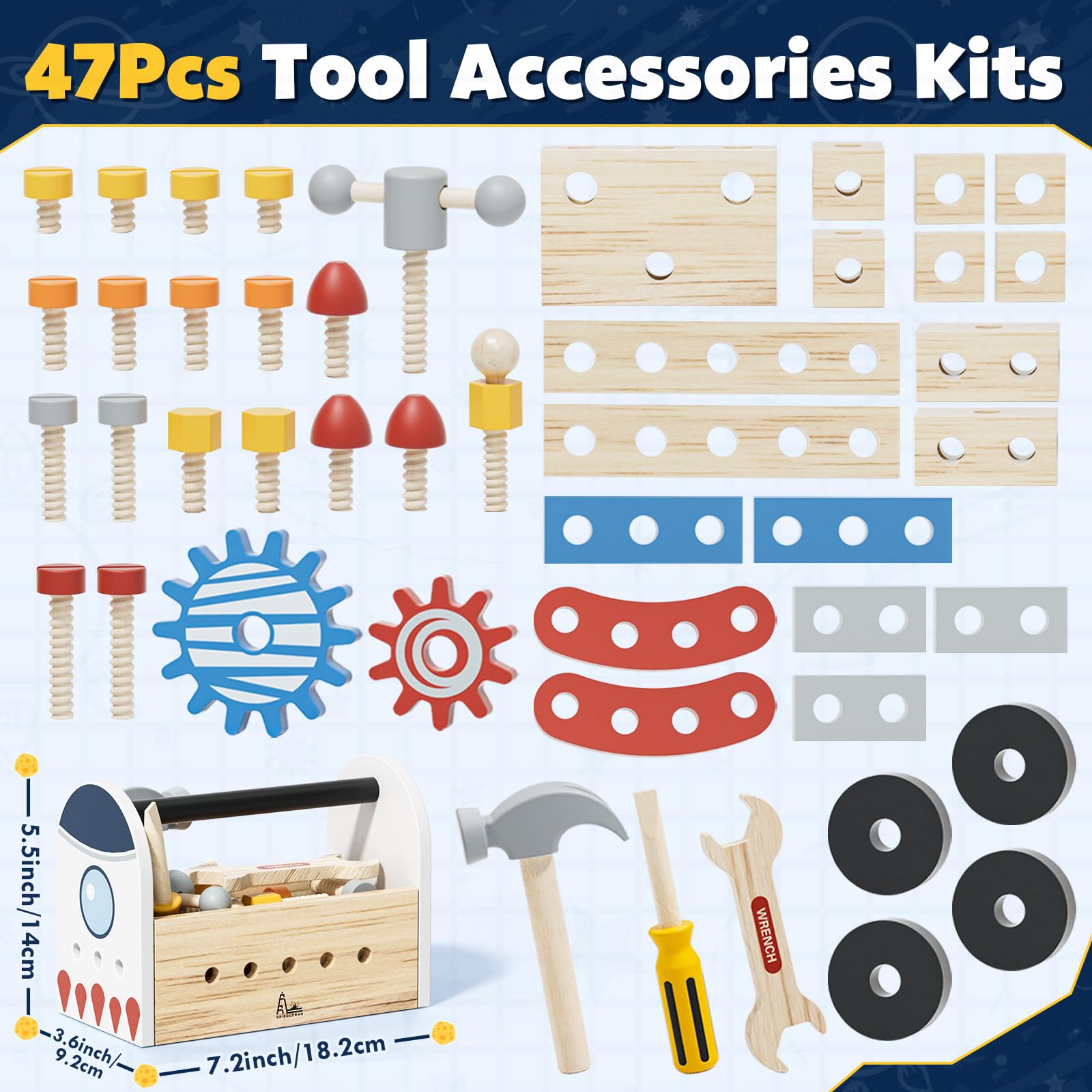 Wooden Montessori Kids Tool Set, Pretend Play Tool Box Toys for 4 Year Old Boy - Image 2