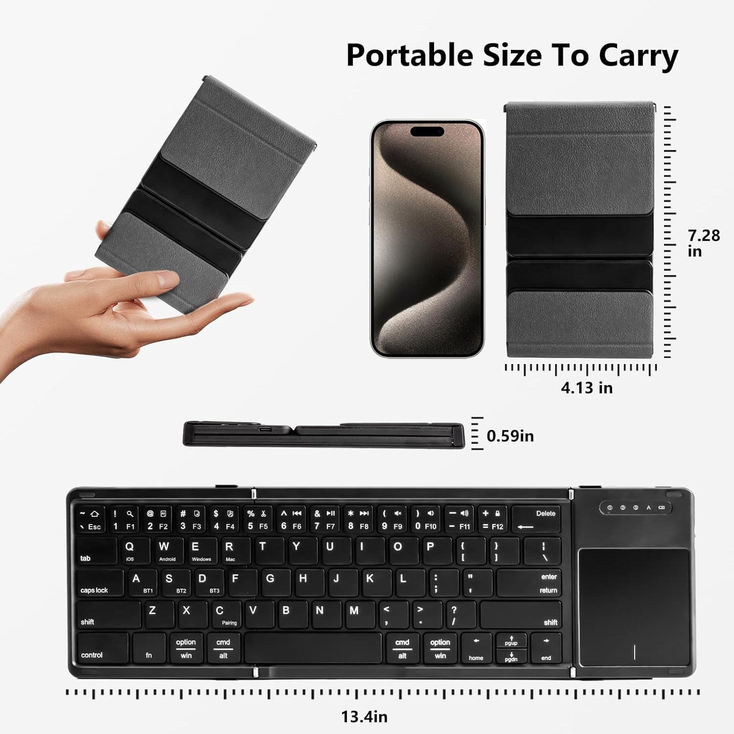 Foldable Bluetooth Keyboard with Touchpad, Wireless Folding Keyboard with PU Leather (Sync up to 3 Devices), Full-Size Portable Key Board for Android/Windows/iOS