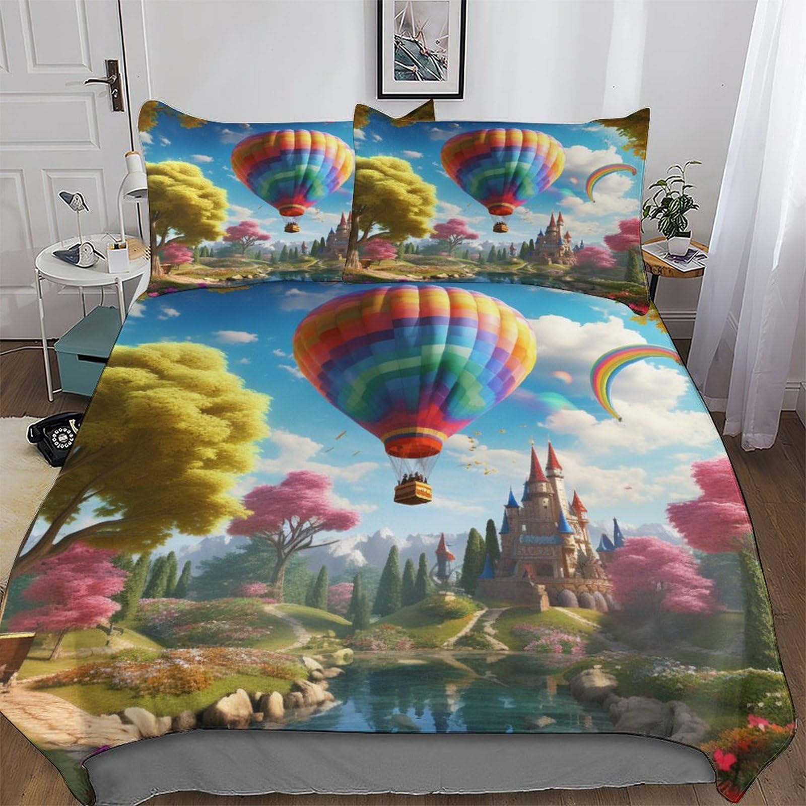 Housse de couette montgolfière 200x200 parure 3 pièces pour lit double