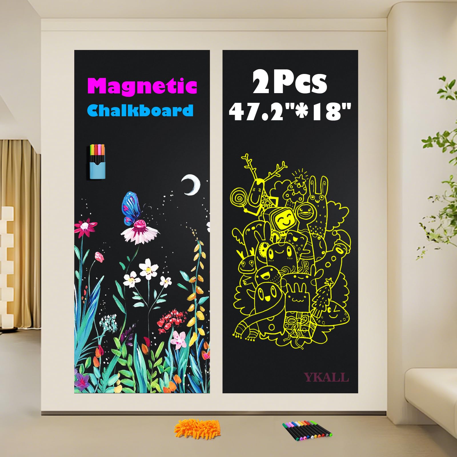 Pizarra Magnética Autoadhesiva 120x45 cm + 10 Marcadores Líquidos, Soporte y Paño