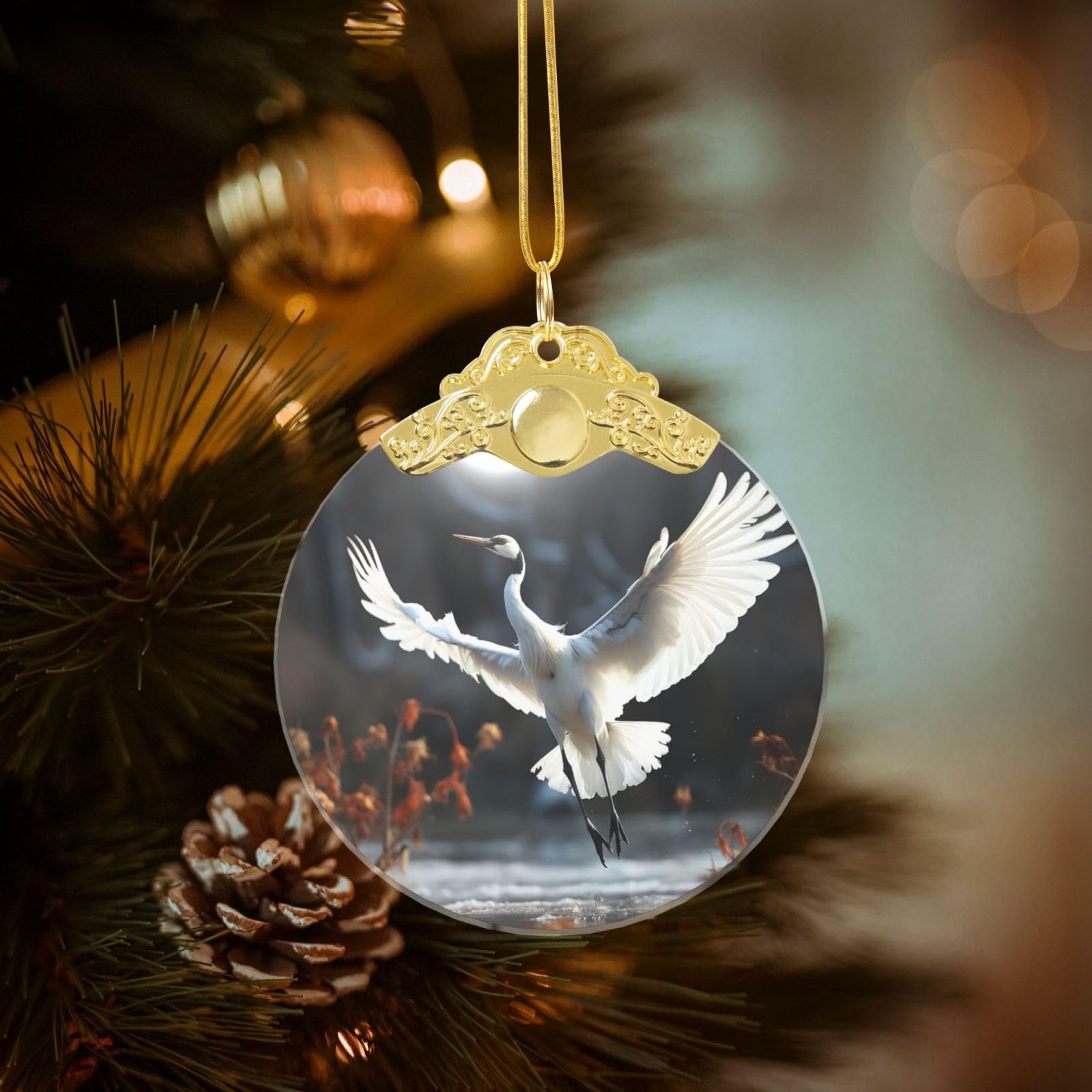Crystal Christmas Ornaments for Christmas Tree Decoration Hanging Crane Dancing Ornament with Gold Ribbon Crafts Round Pendant for Keepsake Gifts Glass Xmas Decor Party Supplies