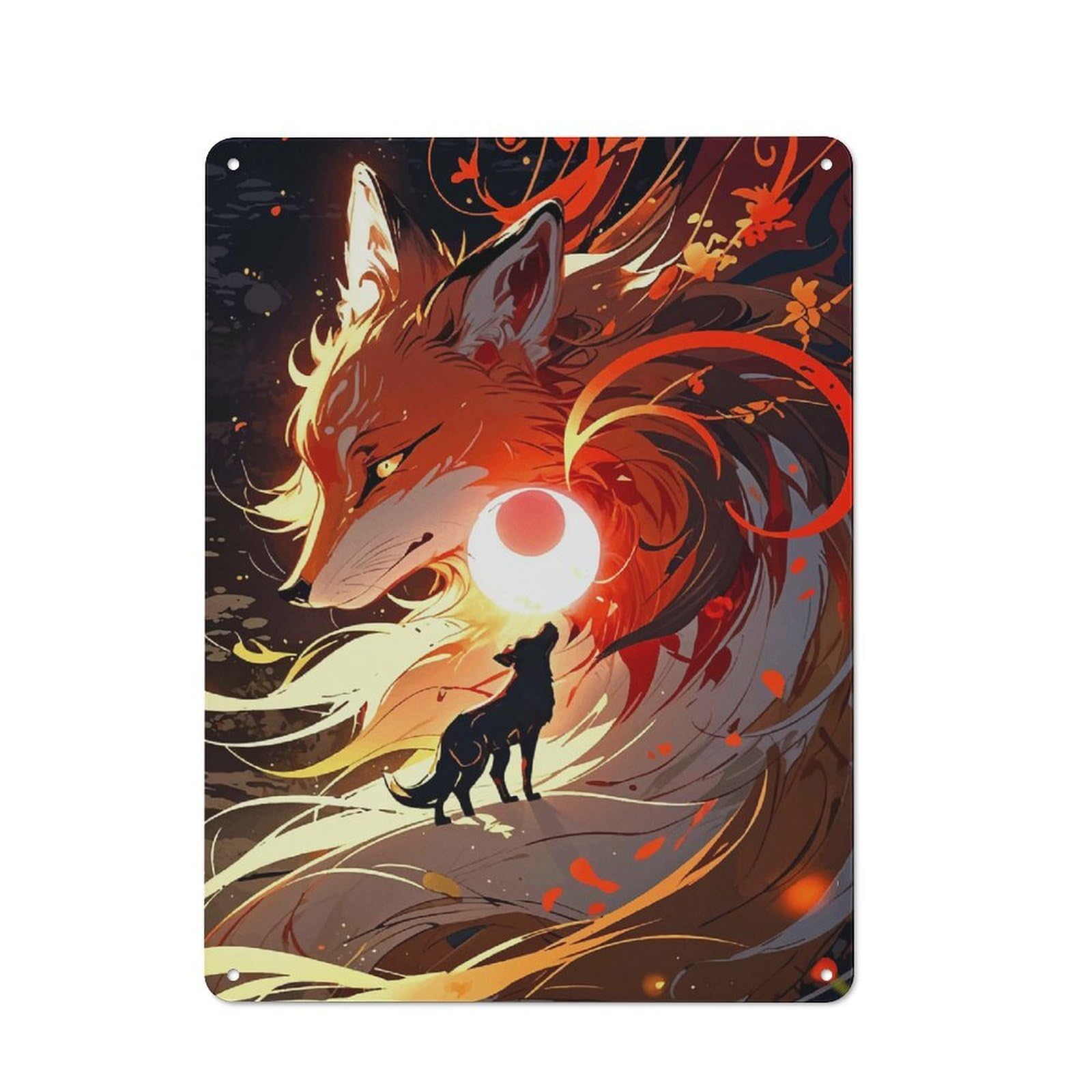 Junmoney Style-18 Metal Plaque 40X30cm With Kitsune Japanese Fox For Hallway Wall, Rustic Decor, A Metal Wall Feature For Hallways And Entrance Areas