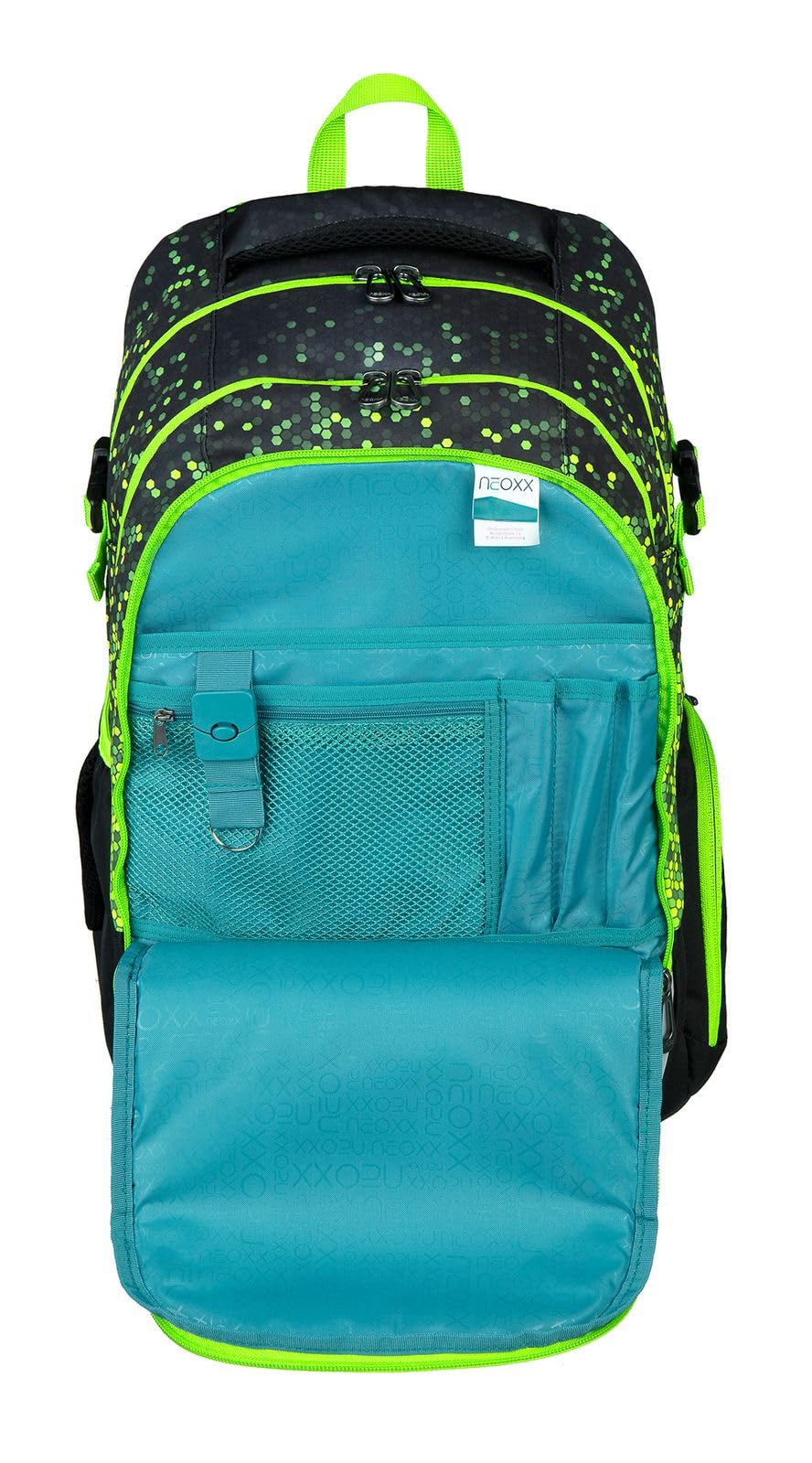 neoxx Schulrucksack ACTIVE Pro - aus recycelten PET-Flaschen - Rucksack für die Schule mit 3 Fächern + Geheimfach – höhenverstellbare und gepolsterte Träger – Volumen ca. 26 Liter