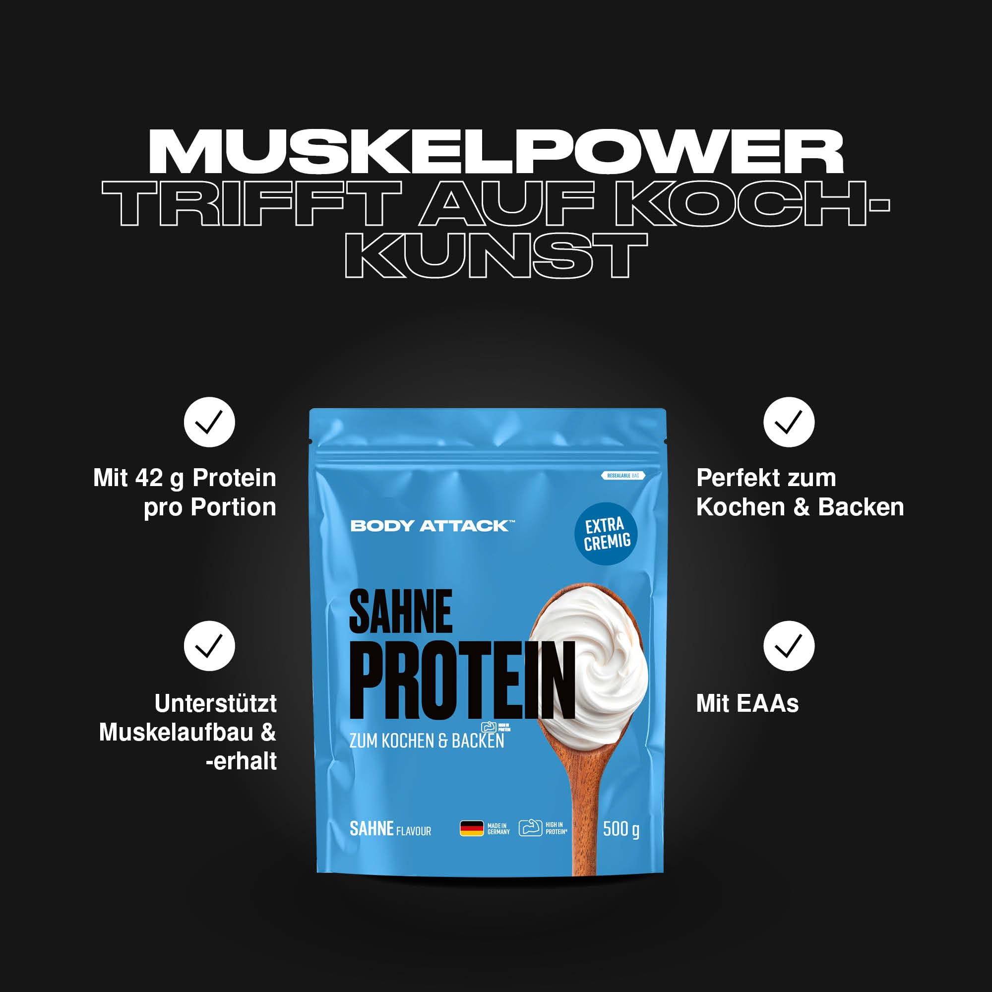 Body Attack Sahne Protein 500 g | Protein Sahne Alternative zum Backen & Kochen, für Saucen & Desserts, Whey & Casein Protein mit Laktase, ohne Zuckerzusatz