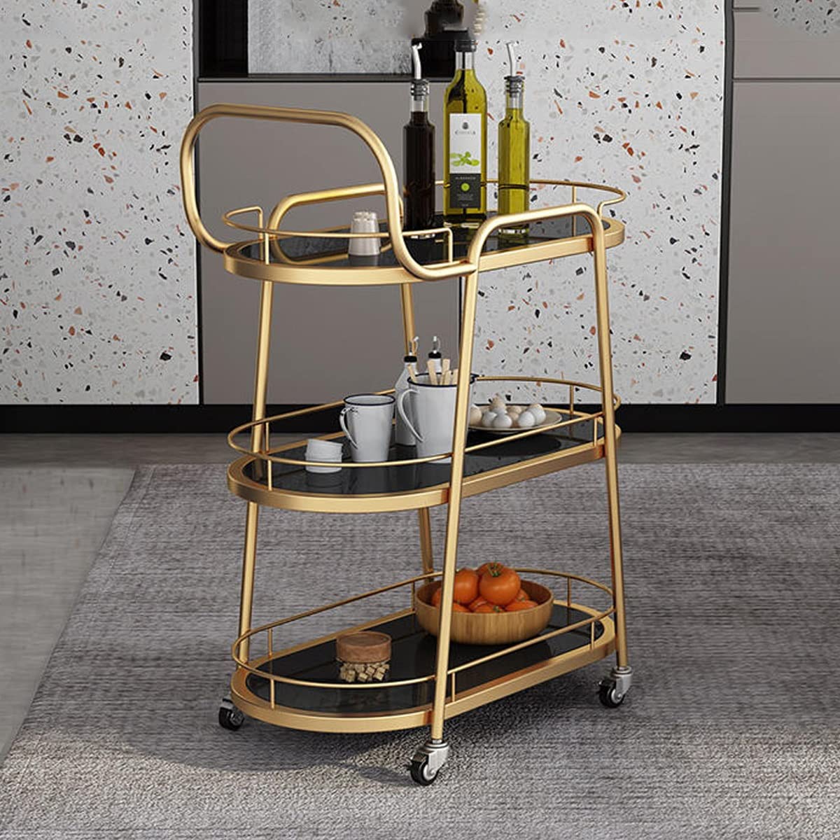 Carrito de cocina de 3 niveles con rieles de protección y ruedas para restaurantes y hoteles