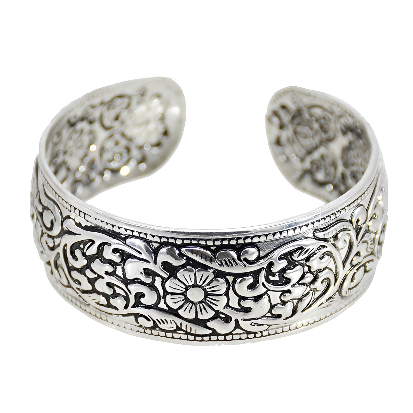 IMINI Pulsera vintage de flores talladas para mujer, brazalete ancho ajustable y abierto de plata envejecida, pulsera apilable para la parte superior del brazo, joyería de moda étnica