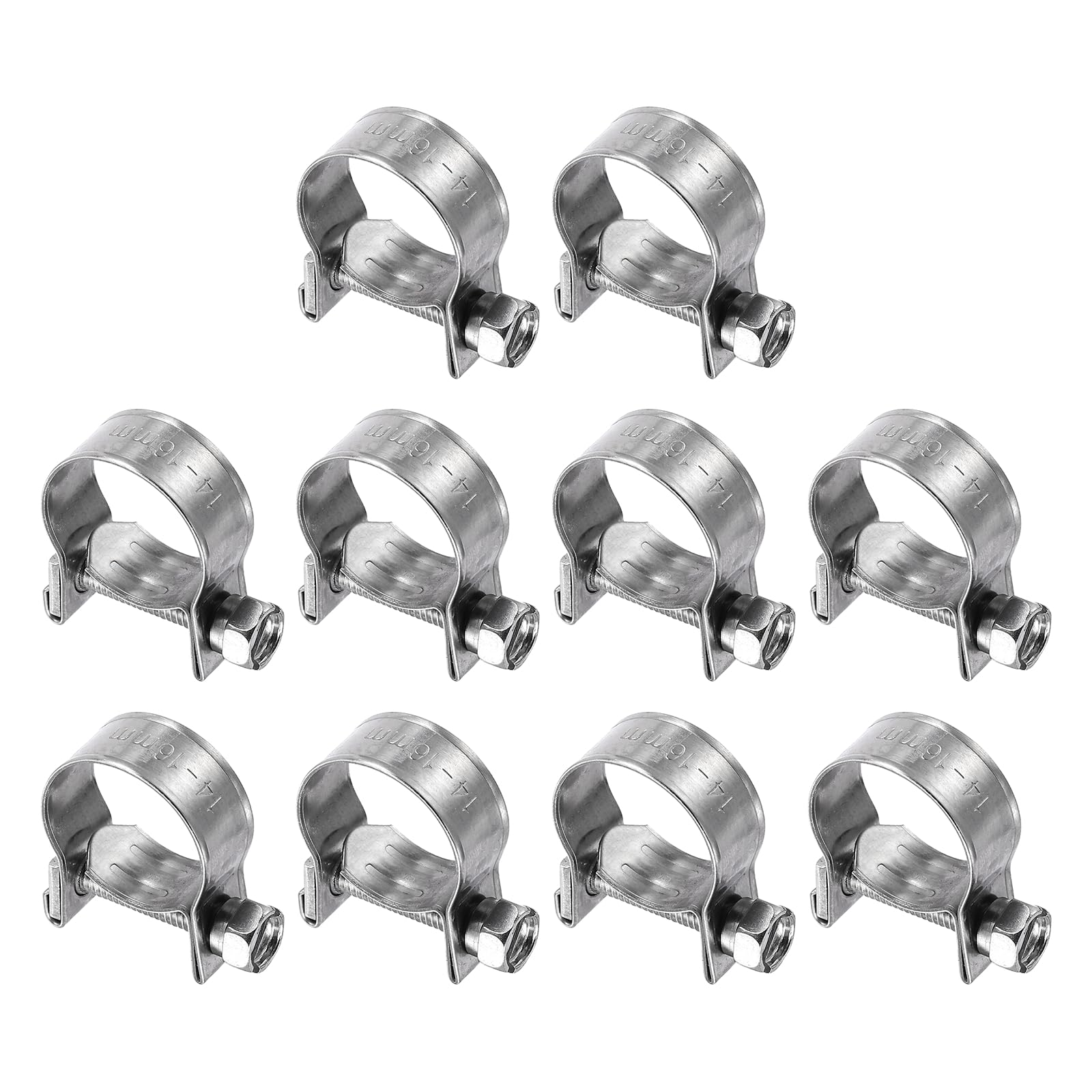 sourcing map 10pcs Fuel Injection Hose Clamp 14-16mm Adjustable 304 Stainless Steel Mini Gas Line Hose Clamp for Automotive Agriculture Plumbing Diesel Petrol Pipe