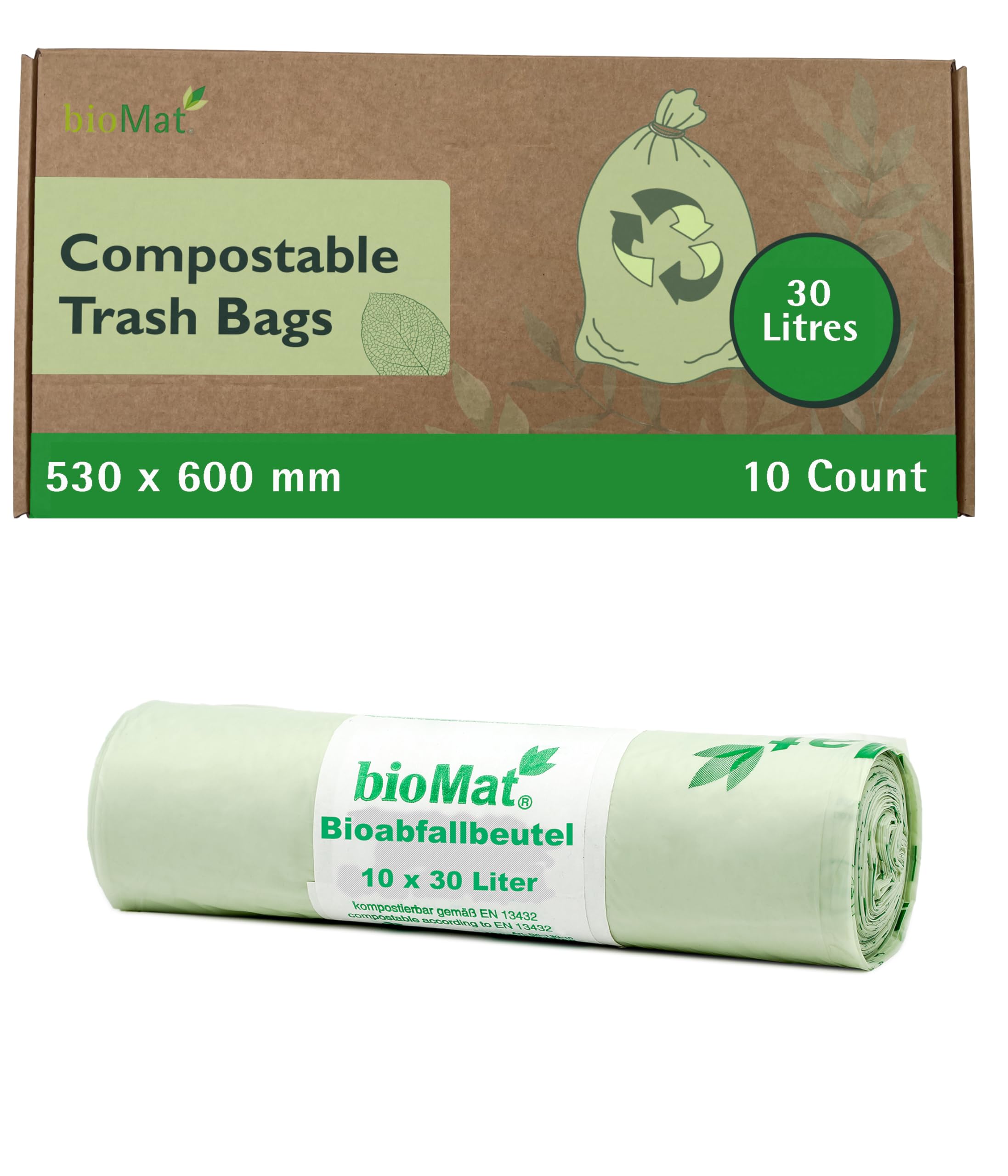 bioMat Compostable 30 Litre Kitchen Caddy Liners, 10 Refuse Sacks, EN 13432 Certified Compostable Food Waste Bags, for Organic Waste, Household Waste