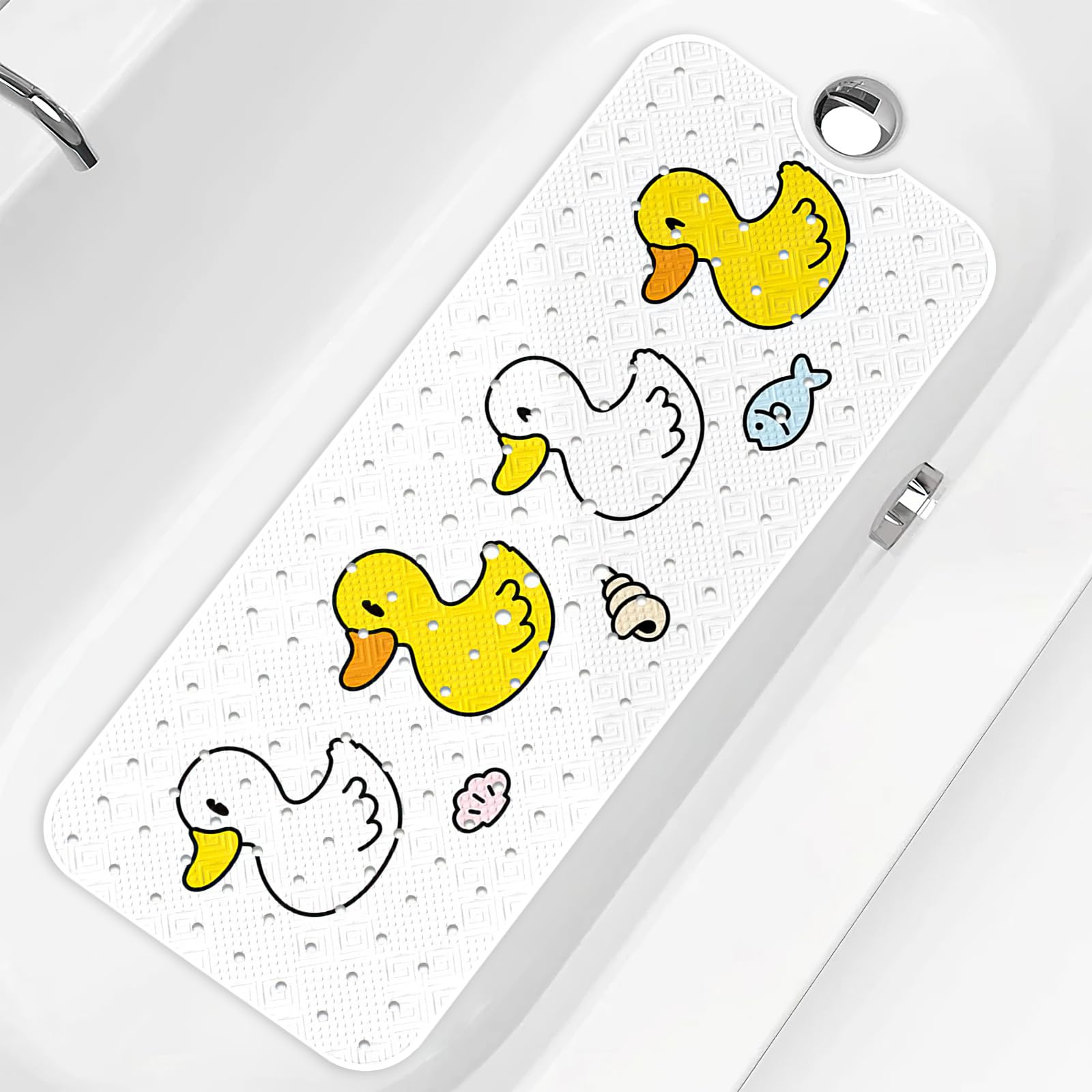 PRATIQUE Kids Bath Mat for Tub Non Slip，40 X 16 Inch Extra Long Kids Bathtub Mat Duck Bathtub Shower Mat Safety Anti Slip with Suction Cups and Drain Holes, Machine Washable