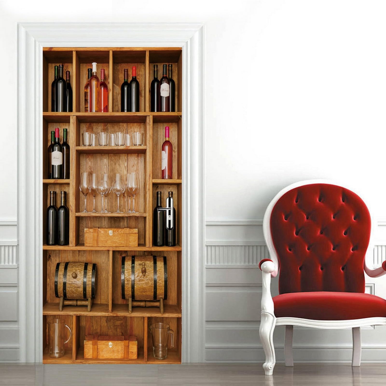 A.Monamour Adesivo Porta Autoadesiva 3D Portaoggetti In Legno Con Bottiglie Di Vino E Bicchieri Vinile PVC Adesivi per Porte Interne Pellicola Adesiva Poster Murale Parete Carta da Parati 77x200cm