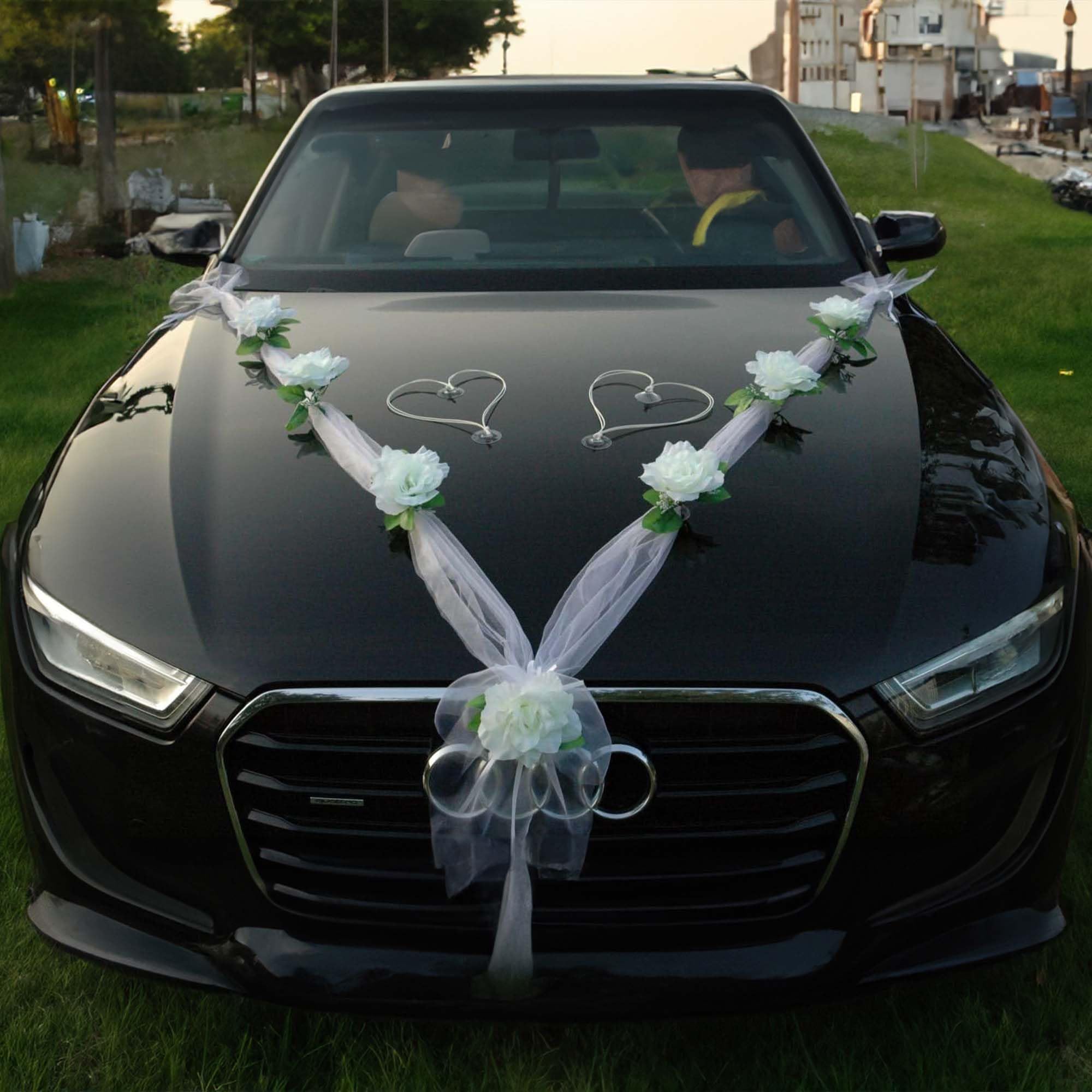 Organza M + de cœurs voiture de mariage bijoux rose décoration décoration auto Bijoux Mariage Car Auto Wedding ratan Guirlande voitures Weiß / Weiß / Weiß