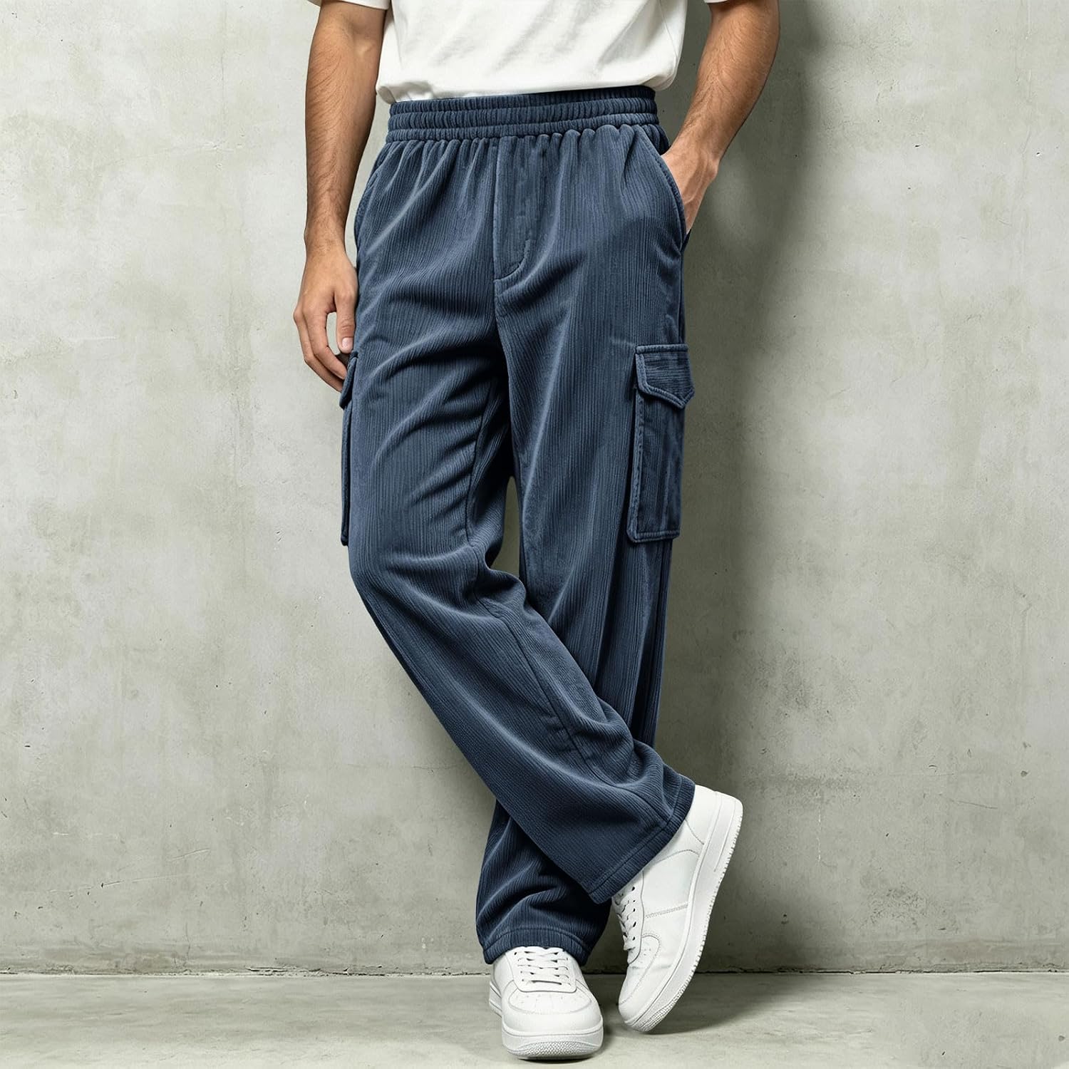 Men Corduroy Cargo Pants Drawstring Waist Straight Leg Trousers | Elastic High Waist,Vertical Stripe,Side Cargo Pockets,Smooth Comfortable,Daily Streetwear,Weekend Outings,Fall Casual Wear