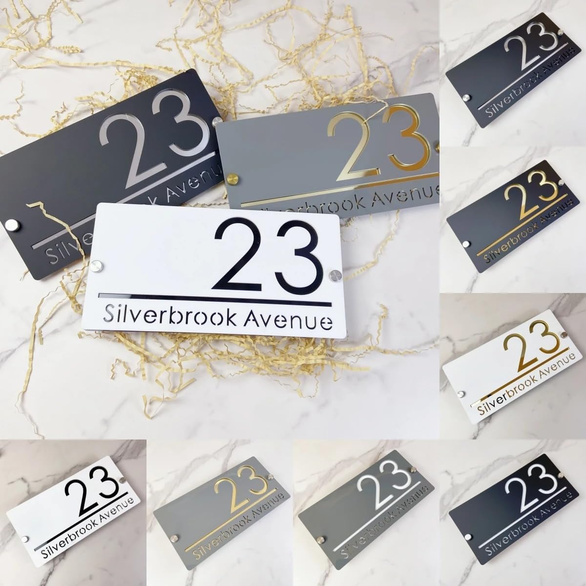 Personalised Laser Cut House Number Plaque,Personalized Modern House Number Sign,Custom Acrylic Address Plate (Grey White)