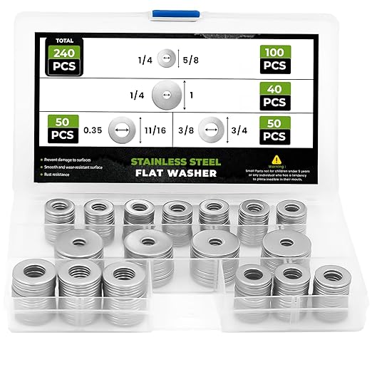 Fender Washers for Screws — 304 Stainless Steel Washers for Bolts in 15 Different Sizes (M3 M4 M5 M6 M8 M10 M12)— Small and Large Hardware (240 Pcs)