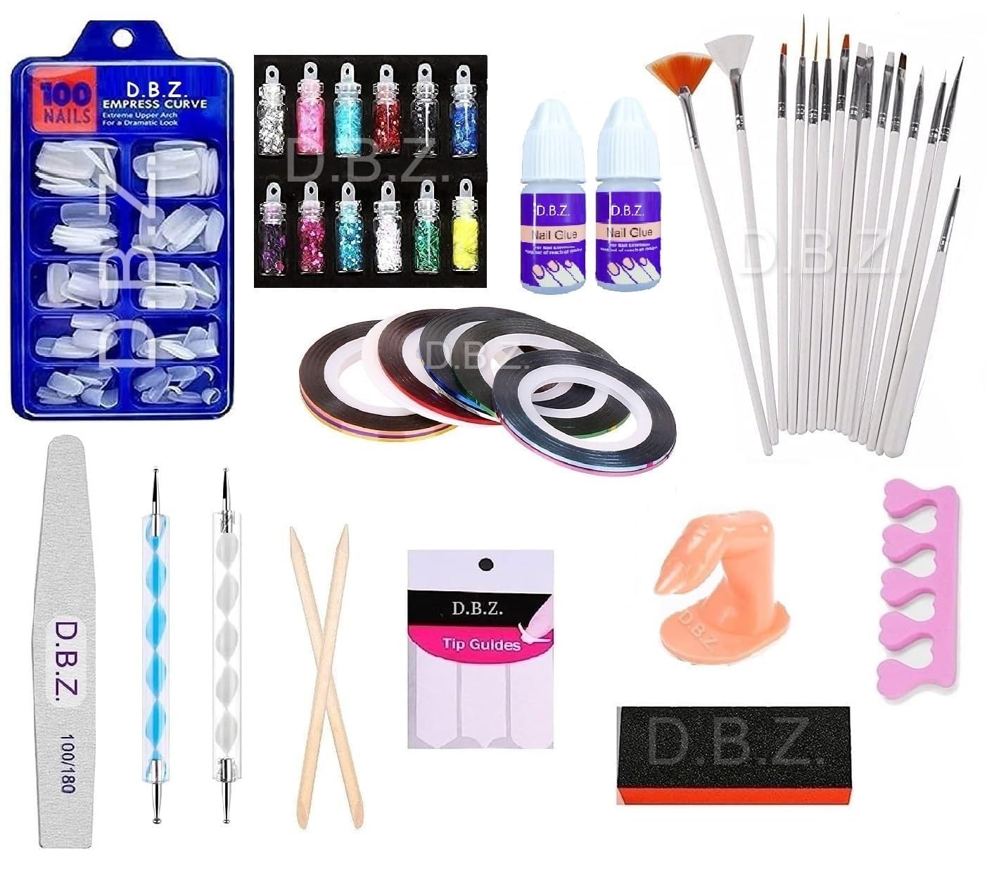D.B.Z.® Nail Art Kit 12 Glass Bottles Glitter Stones,100 Nails, 5 Nail Tapes, 15 Nail Art brush, 2 Nail Dotting Pen with 2 Glue - Nails Kit