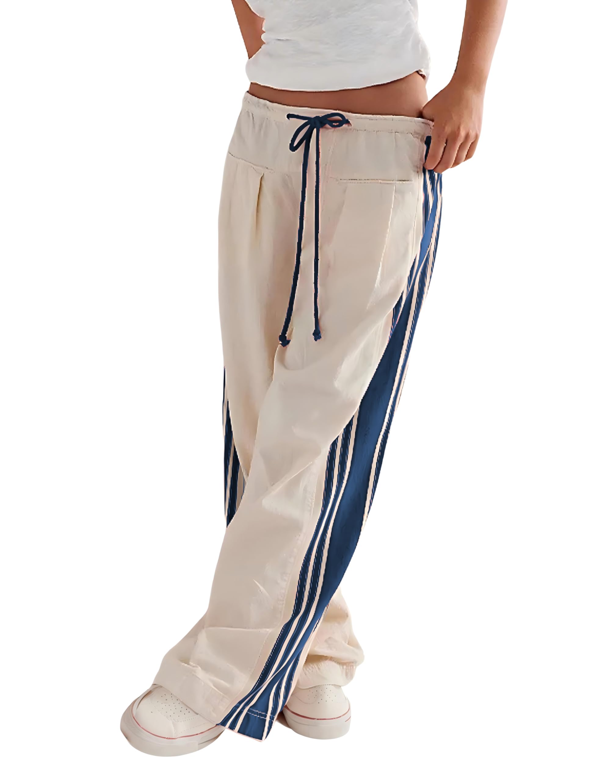 Hongsui Women's Wide Leg Pants Drawstring High Rise Side Striped Slouchy Palazzo Pants with Pockets