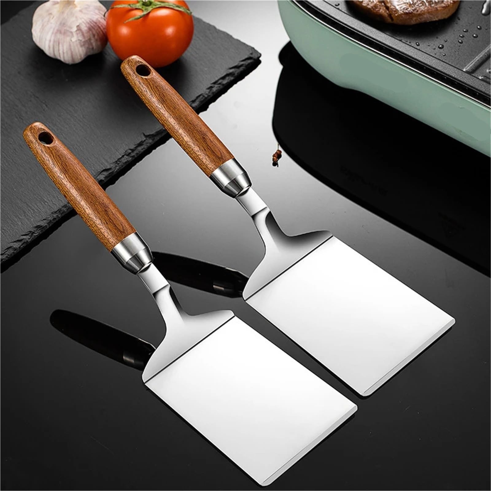 2 Stück Edelstahl-Steak-Kochspatel mit quadratischem Kopf Für Küchen Und Schränke | Pizzaschaufel, Pfannkuchen, Rindfleischwender, Schaber, Holzgriff, Grillutensilien for die Küche