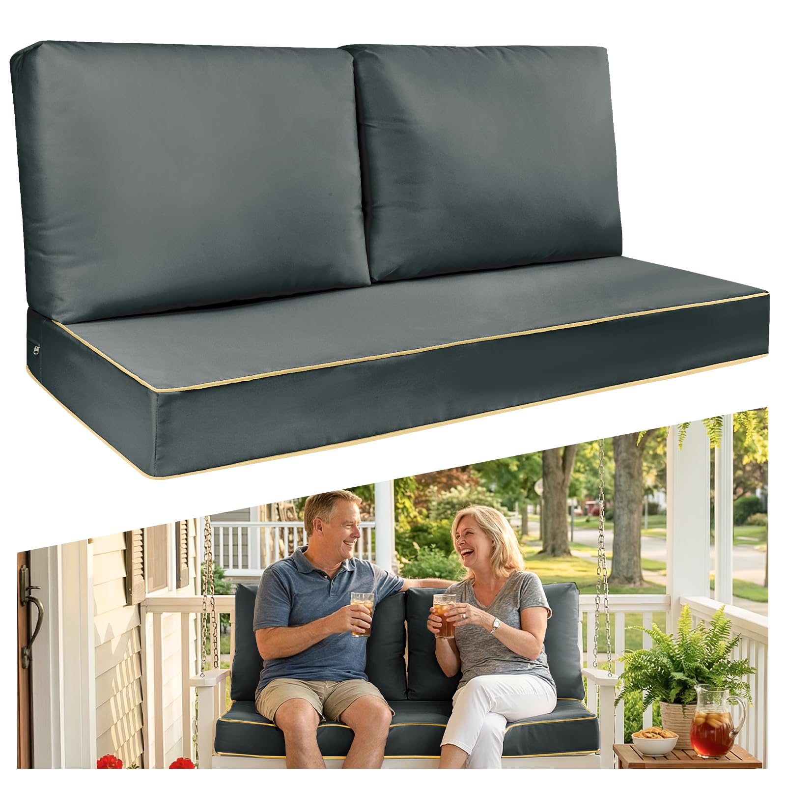 TaiBest 2 Seater Outdoor Sofa Cushion Set - Plush Patio Seat & Back Pillows with Thick Comfort Foam, Waterproof Weather Resistant Garden Furniture Cushion Replacement for Porch, Deck & Bench (Grey)