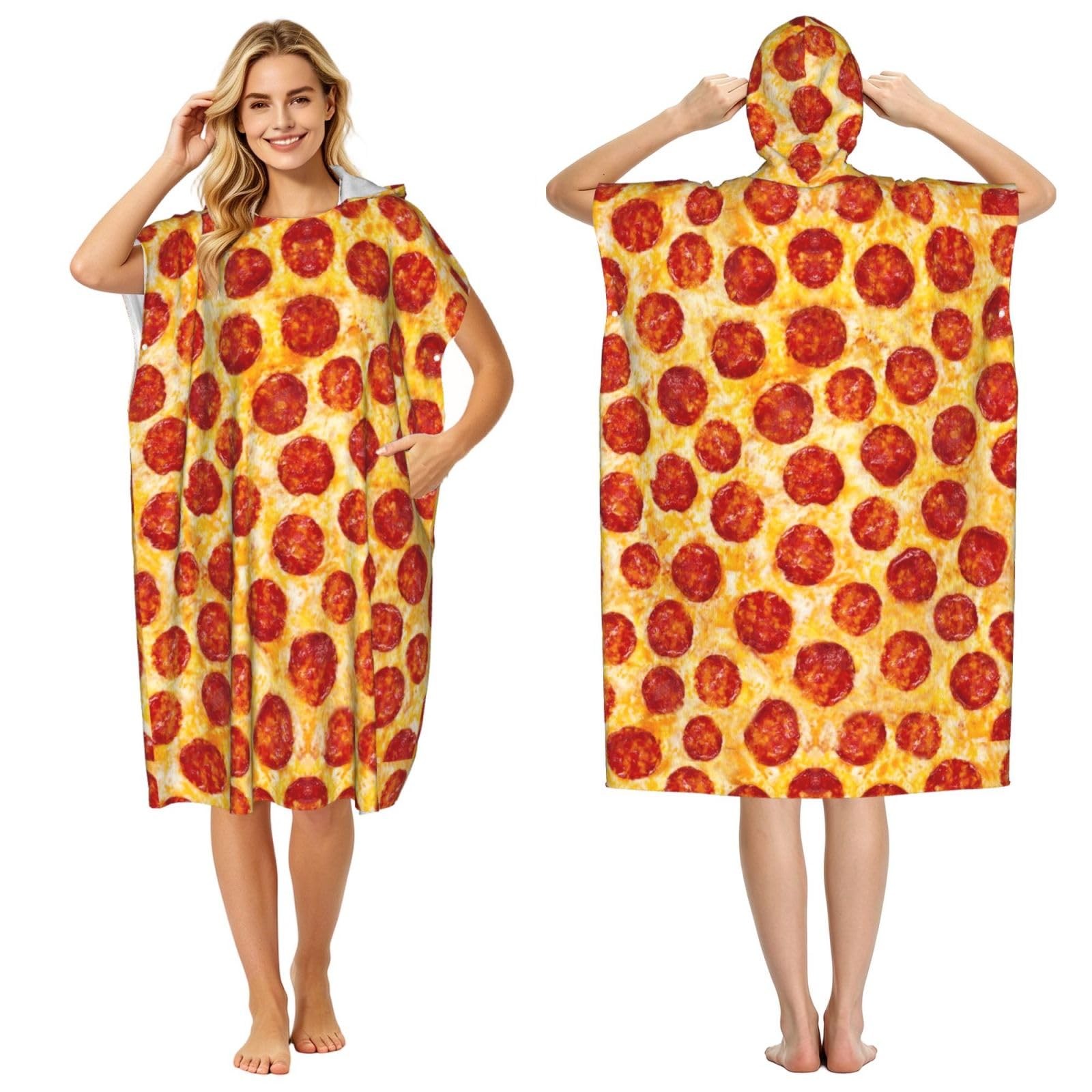Poadnly Pepperoni Pizza, Adult Hooded Beach Towel 90 x 110 cm,Changing Bath Robe, Surf Poncho Towel For Women Men