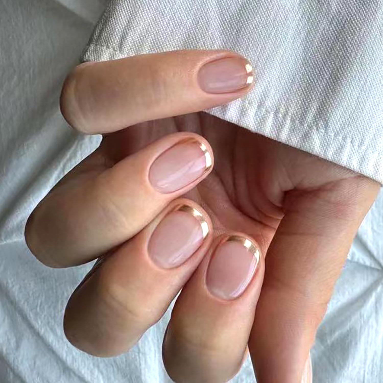 Gold French Tip Press on Nails Short Square Fake Nails Glossy Nude Acrylic Glue on Nails Reusable Full Cover Stick on Nails for Women DIY Manicure