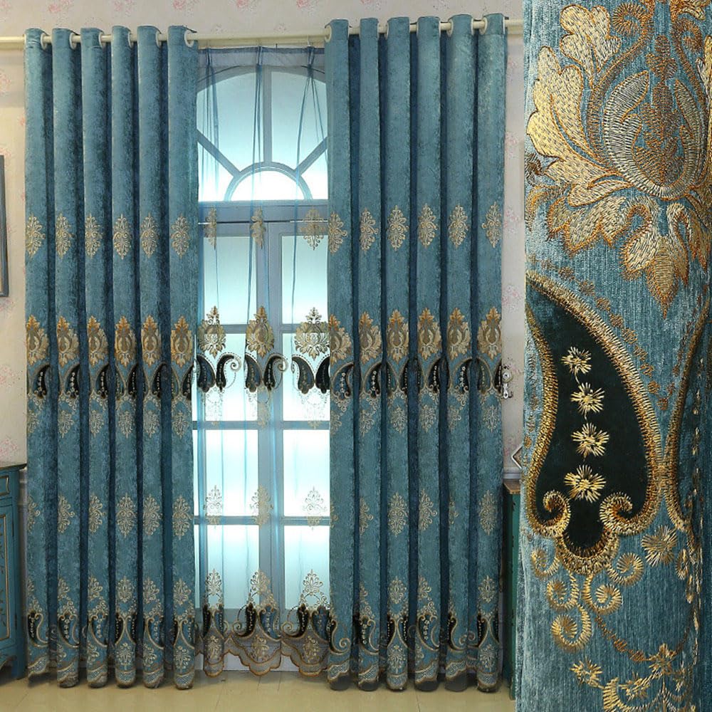 Risuho Luxury Blue Floral Chenille Cloth Curtains Grommet Top for Bedroom Living Room Kitchen Window Treatment - 1 Pair - Each Panel 39 by 84 inch Long
