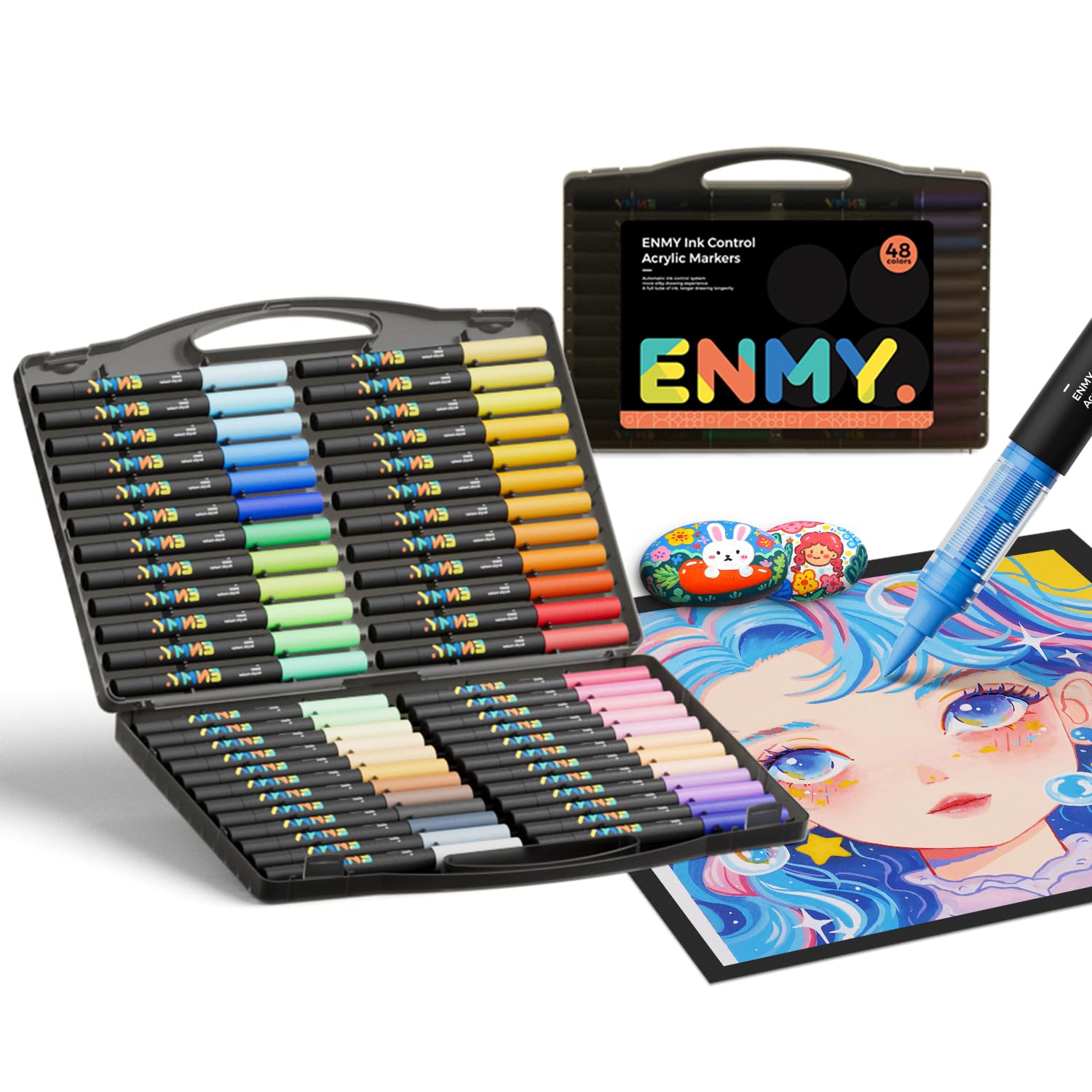 ENMY 48色セット 直液式 アクリルマーカー イラストマーカー 水性 筆ペン アートマーカー 美術 漫画 ファブリック 編み物マーカー キャンバス/ガラス/木 布用ペン テキスタイル用 大人 子供 カラーペン
