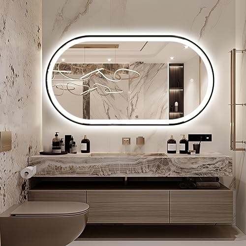 Miniatura 23 de Espejo de baño LED ovalado de 32 x 20 pulgadas con luces, espejo de tocador negro con luz antiniebla montado en la pared, espejo ovalado LED