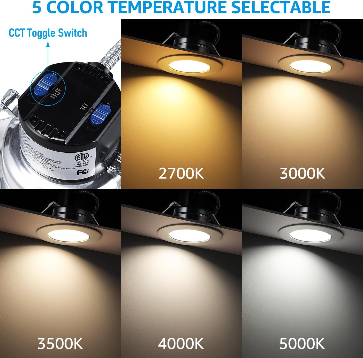 TORCHSTAR 5CCT Commercial 6 Inch Recessed LED Lights, 27W 3000LM Ultra Bright Downlight for 14FT-20FT High Ceiling, 120V-347V 27W/19W/13W, 0-10V Dimmable CRI90 Canless LED Downlight, 27K/3K/35K/4K/5K